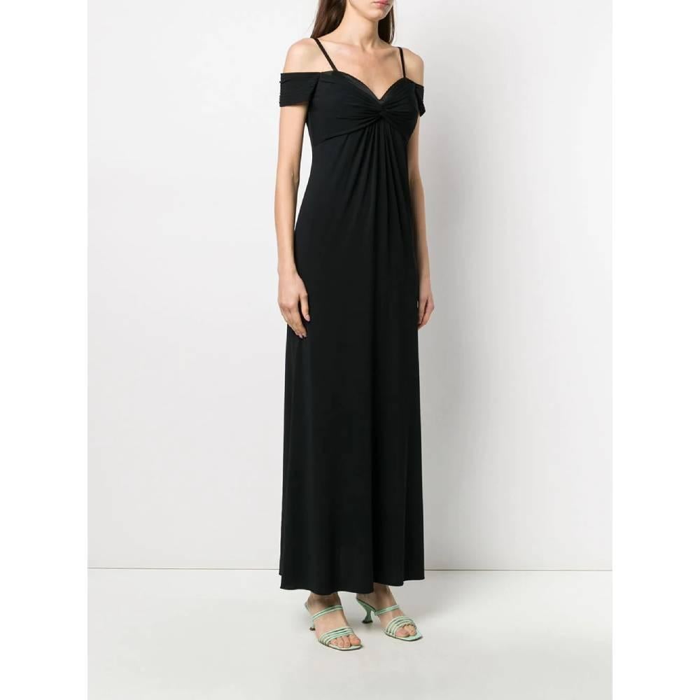 Moschino Couture long black dress. Bardot neckline, thin straps and drapery. Back zip and hook closure.

Size: 44 IT

Flat measurements
Height: 148 cm
Bust: 44 cm

Product code: A5309

Composition: 
Outer: 90% Viscose - 10% Spandex/Elastam
Lining: