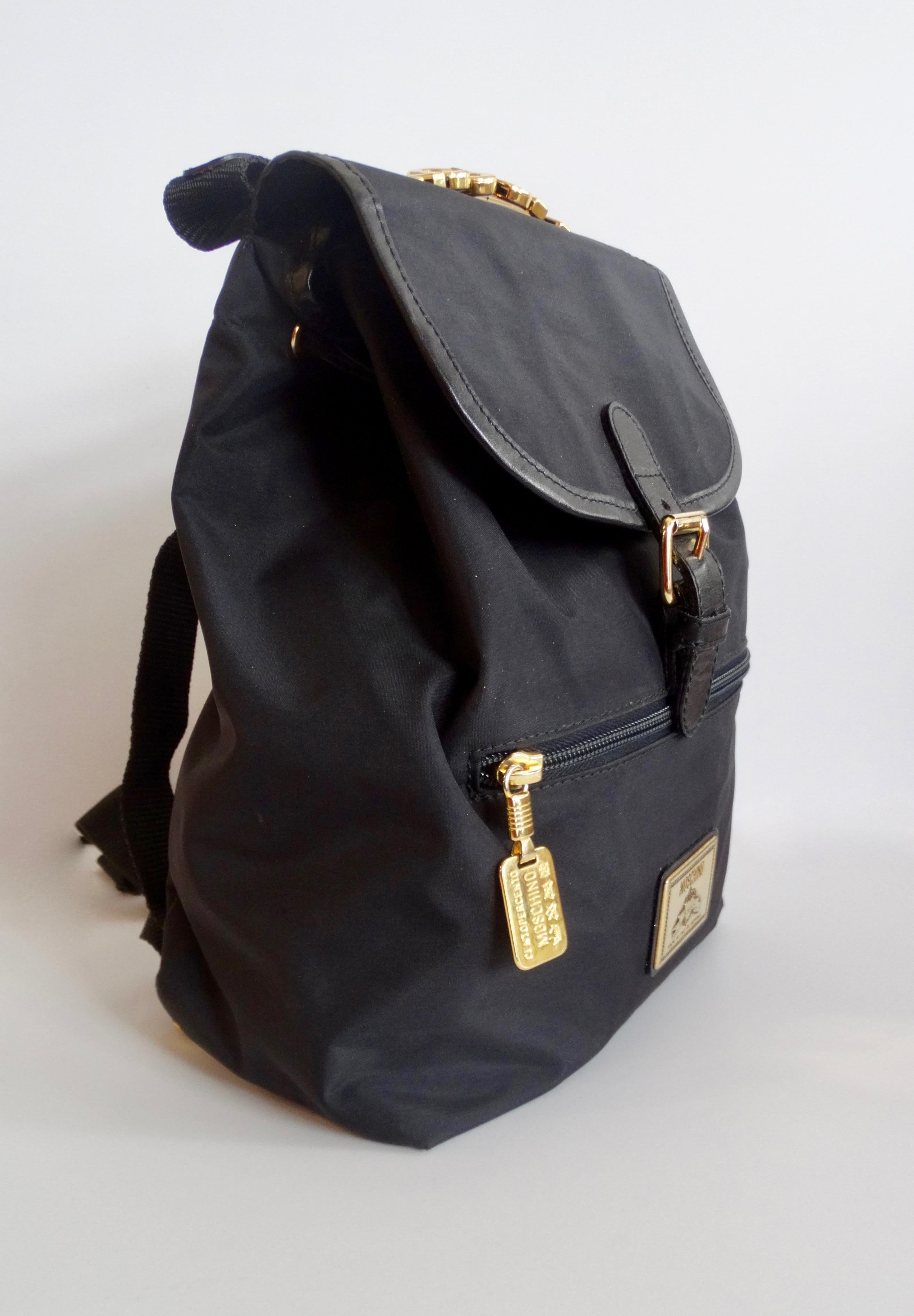 Moschino 1990s Black Nylon Mini Drawstring Backpack In Good Condition In Scottsdale, AZ