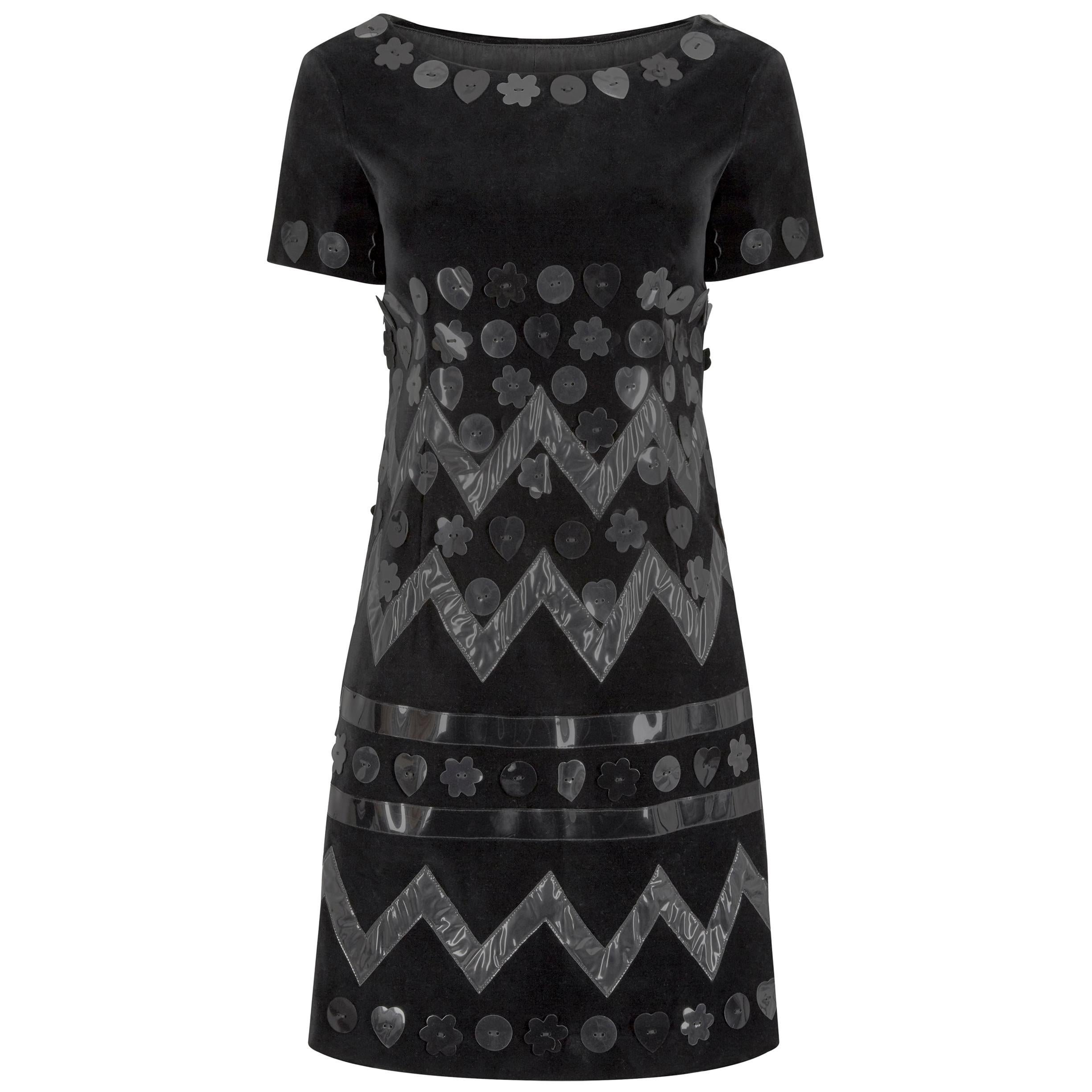 1990s Moschino Black Velvet Dress With Novelty Vinyl Appliques