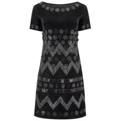 1990s Moschino Black Velvet Dress With Novelty Vinyl Appliques