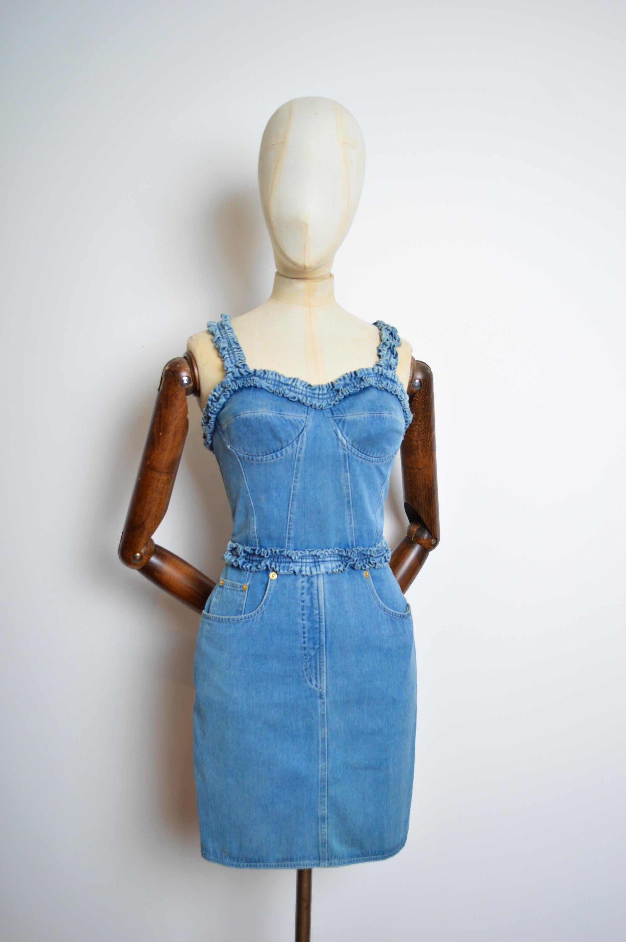 1990s Moschino Blue Denim bustier ruffle body con fitted Cocktail dress For Sale 6