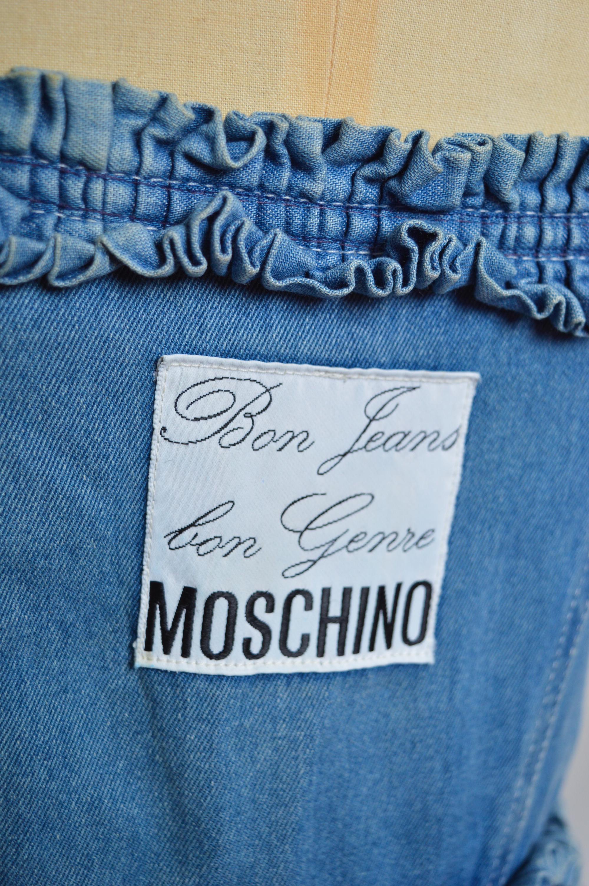 1990s Moschino Blue Denim bustier ruffle body con fitted Cocktail dress For Sale 7