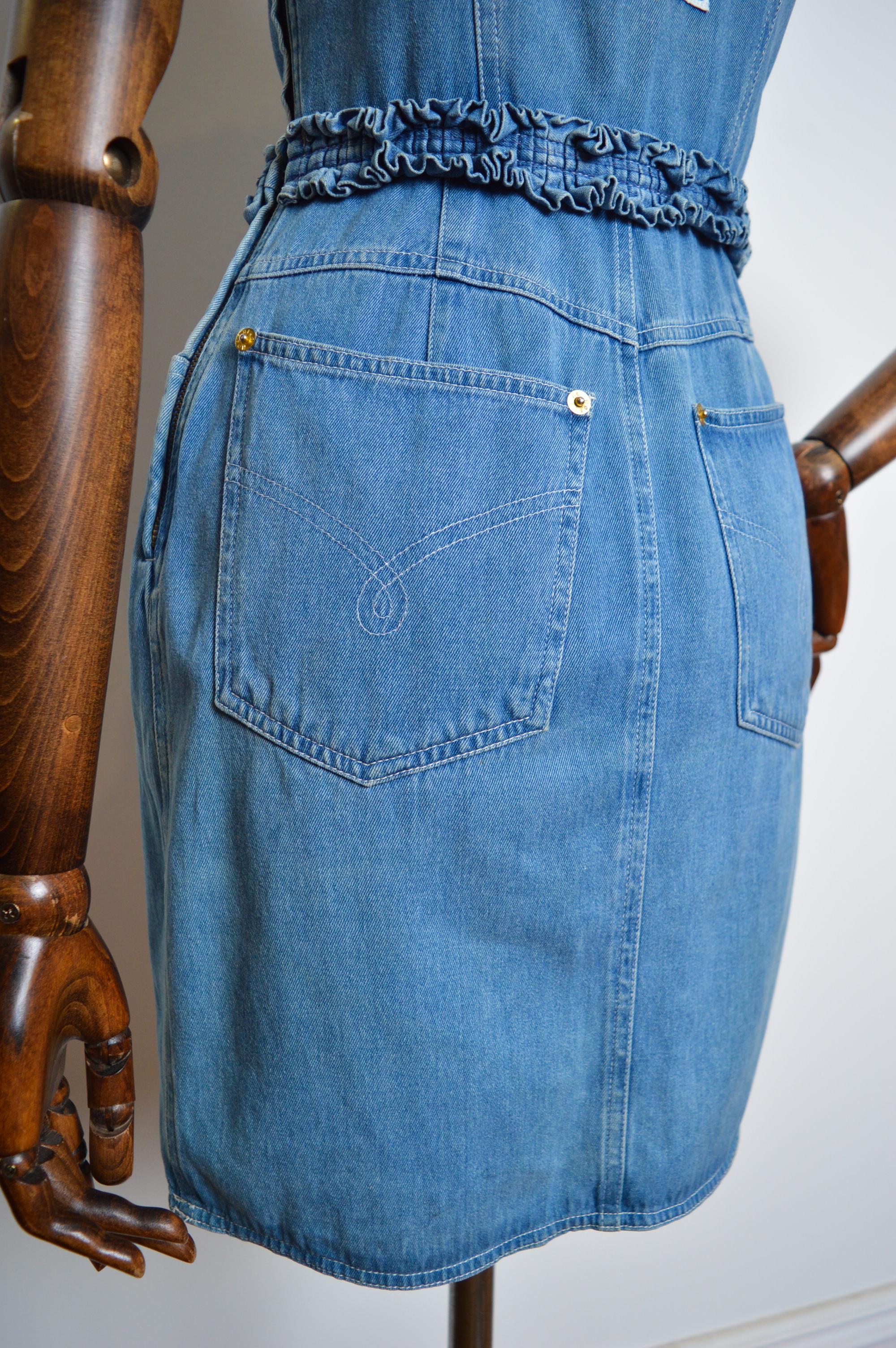 1990s Moschino Blue Denim bustier ruffle body con fitted Cocktail dress For Sale 8