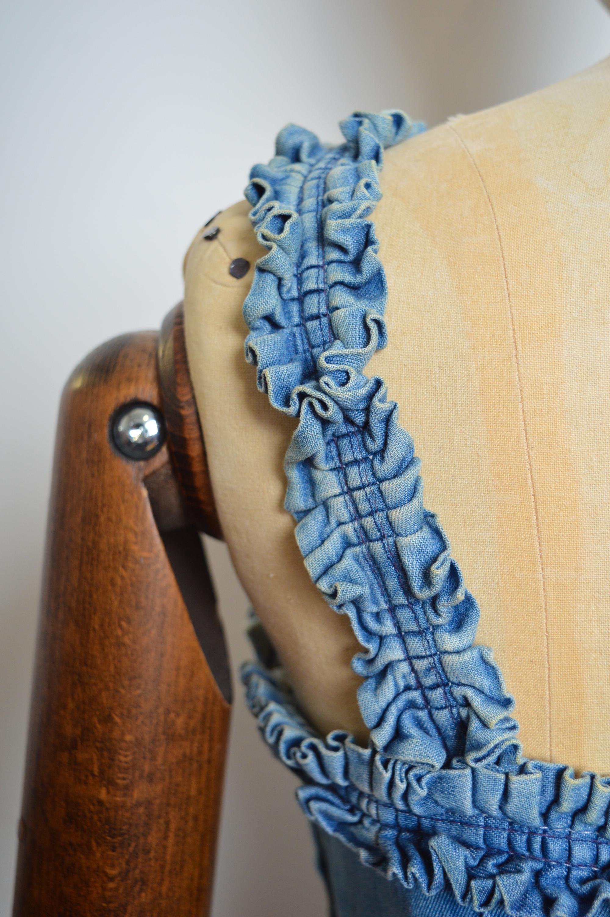 1990s Moschino Blue Denim bustier ruffle body con fitted Cocktail dress For Sale 9