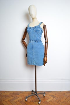 1990s Moschino Blue Denim bustier ruffle body con fitted Cocktail dress