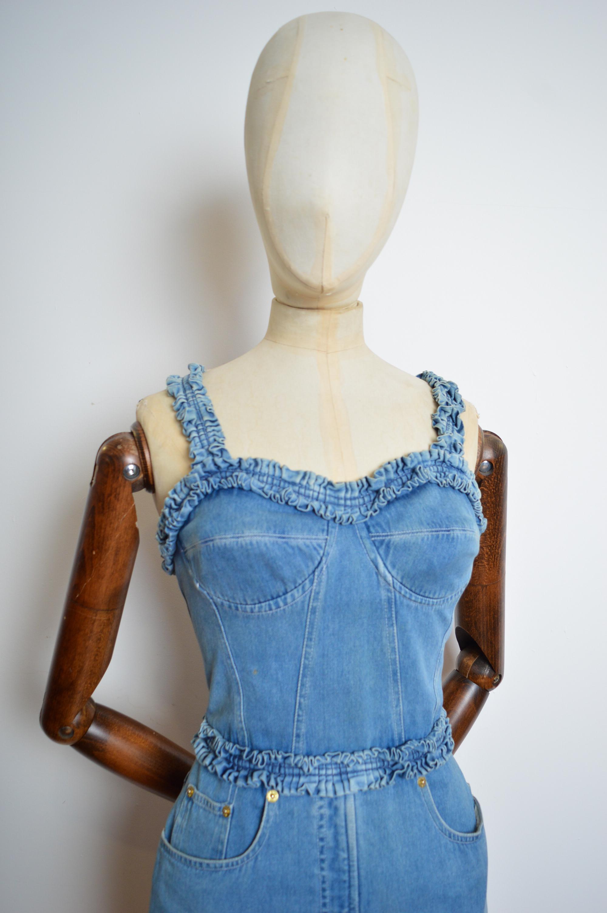 1990s Moschino Blue Denim bustier ruffle body con fitted Cocktail dress In Fair Condition For Sale In Sheffield, GB