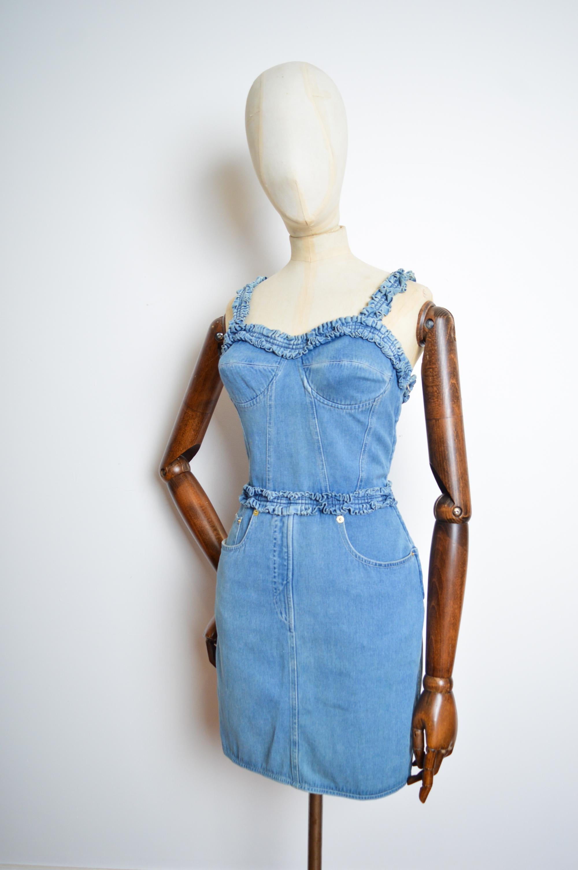 Women's 1990s Moschino Blue Denim bustier ruffle body con fitted Cocktail dress For Sale