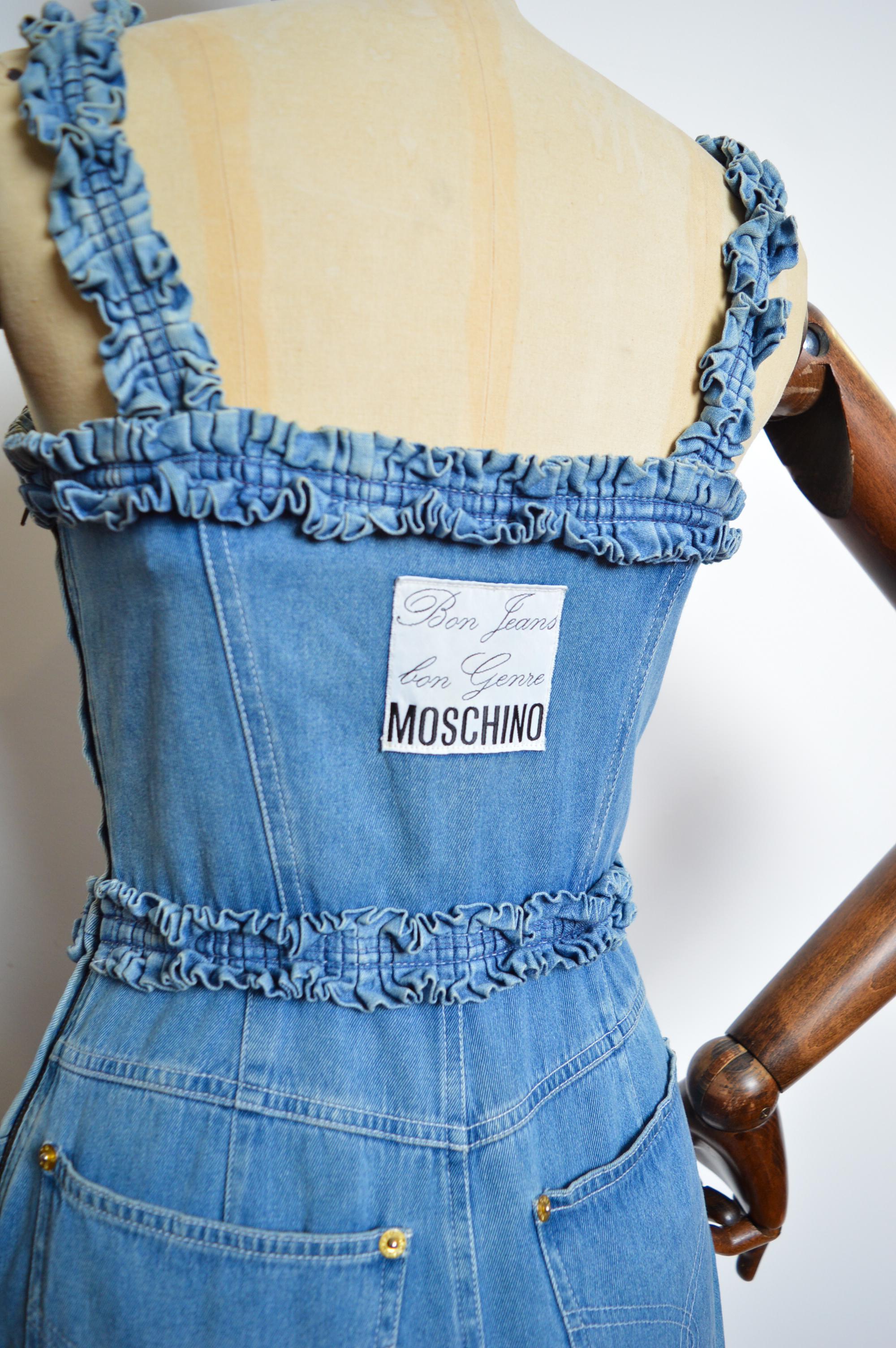 1990s Moschino Blue Denim bustier ruffle body con fitted Cocktail dress For Sale 1