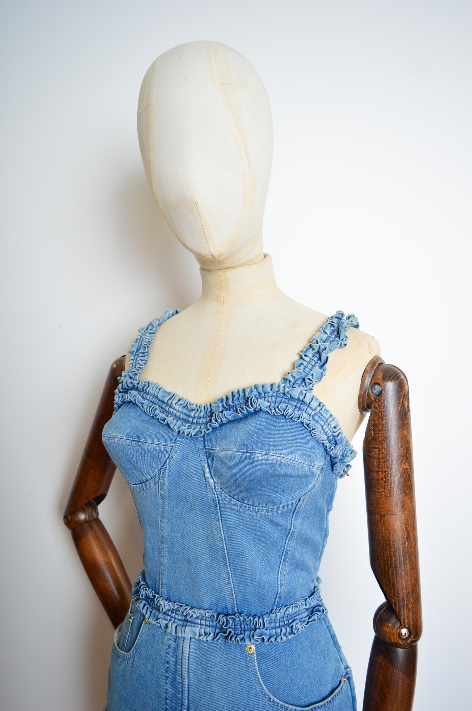 1990s Moschino Blue Denim bustier ruffle body con fitted Cocktail dress For Sale 2