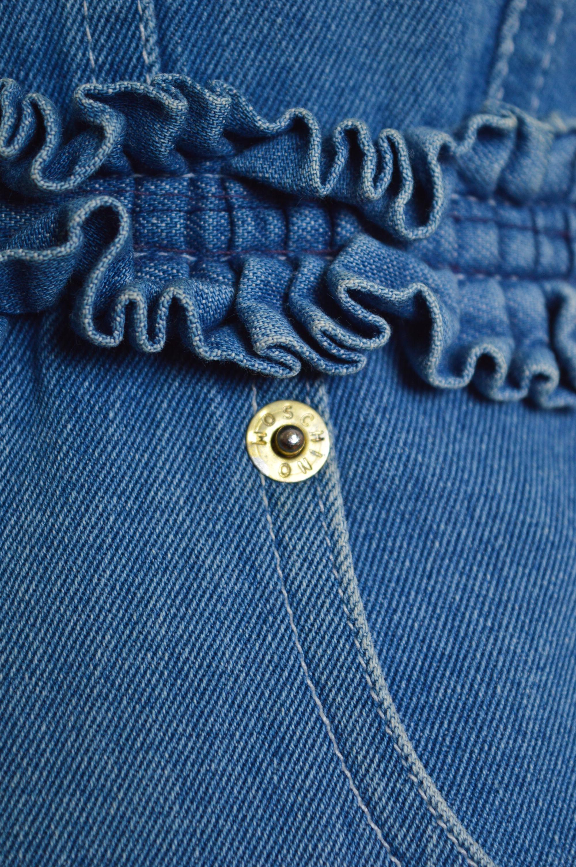 1990s Moschino Blue Denim bustier ruffle body con fitted Cocktail dress For Sale 3