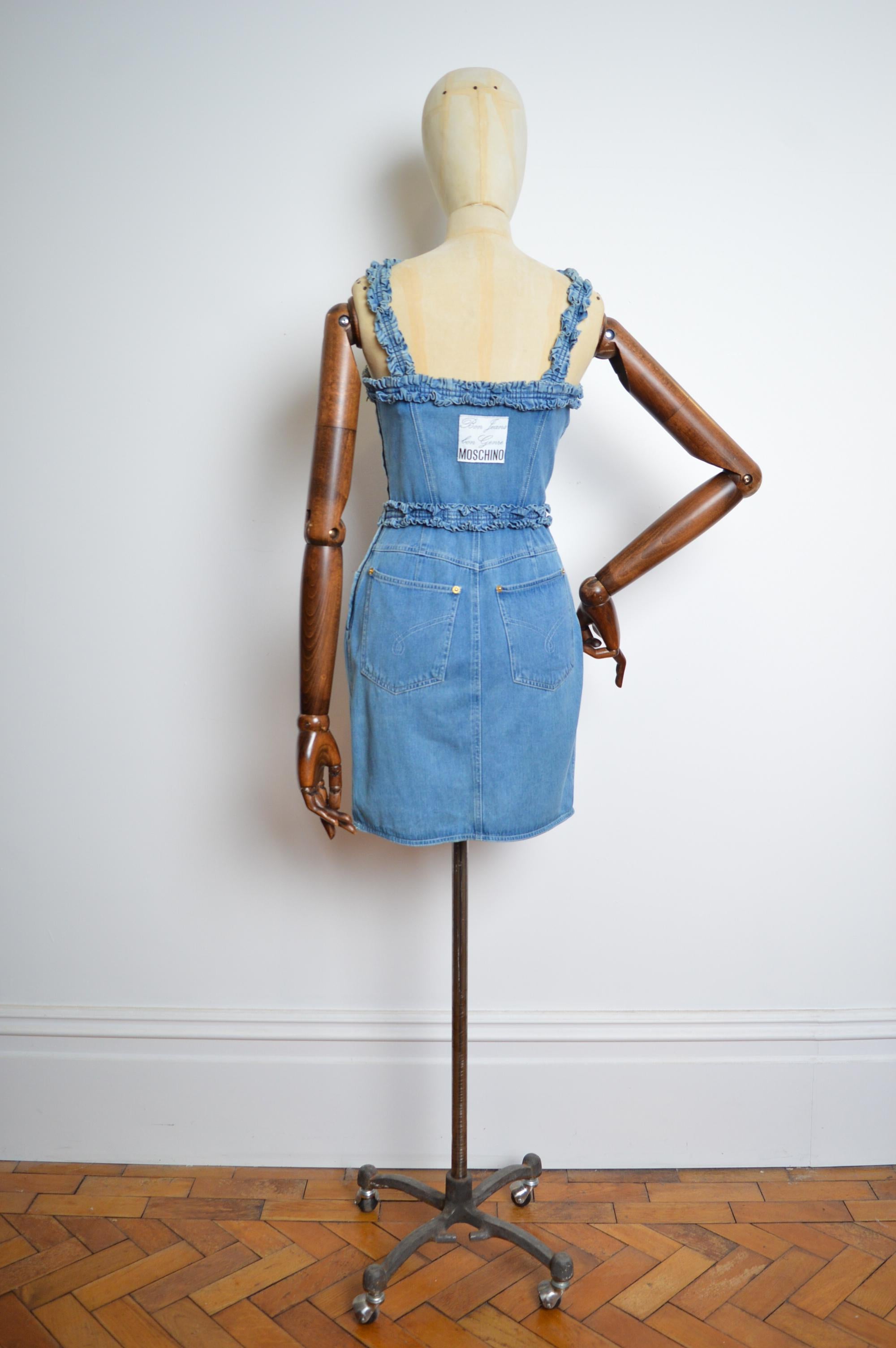 1990s Moschino Blue Denim bustier ruffle body con fitted Cocktail dress For Sale 4