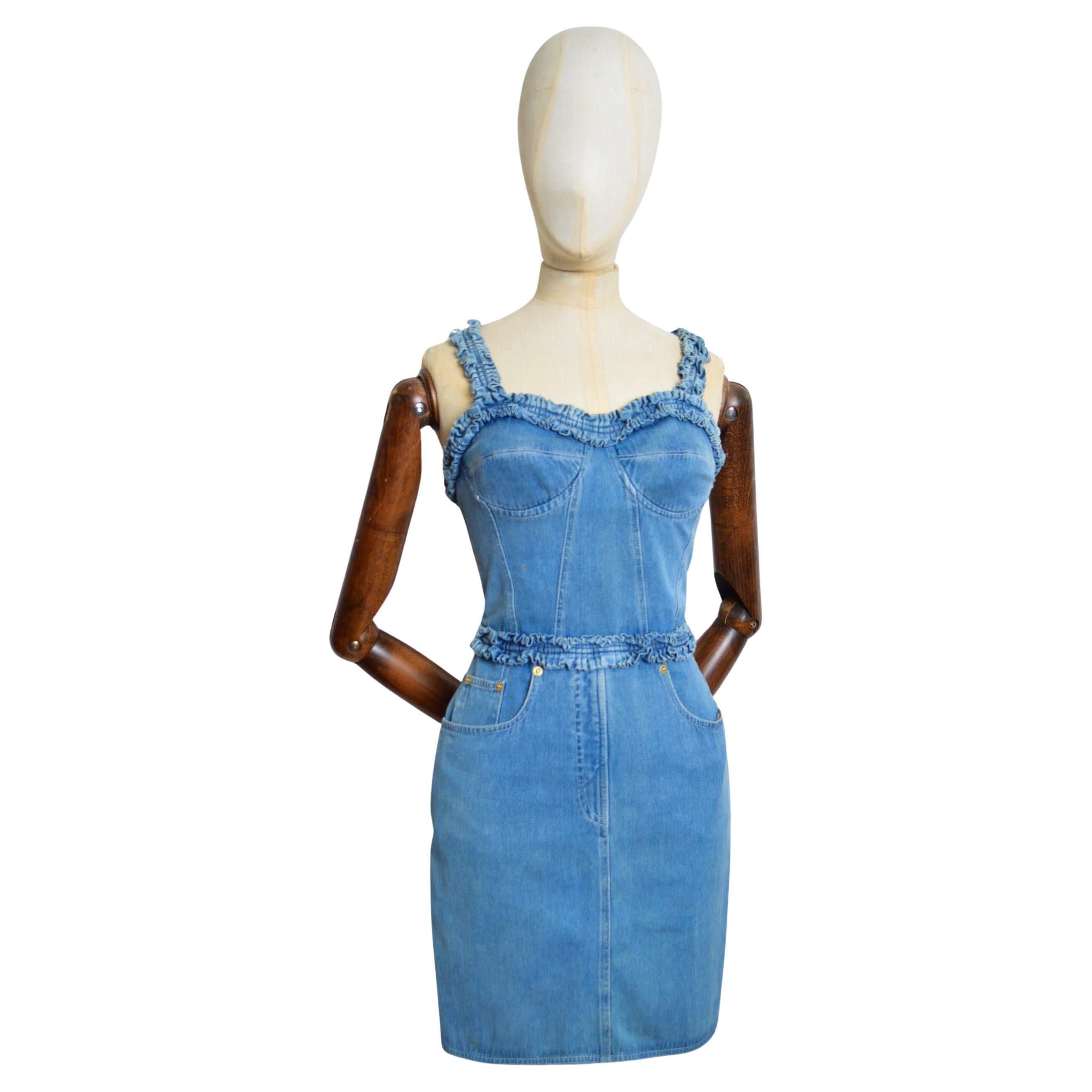 1990s Moschino Blue Denim bustier ruffle body con fitted Cocktail dress For Sale