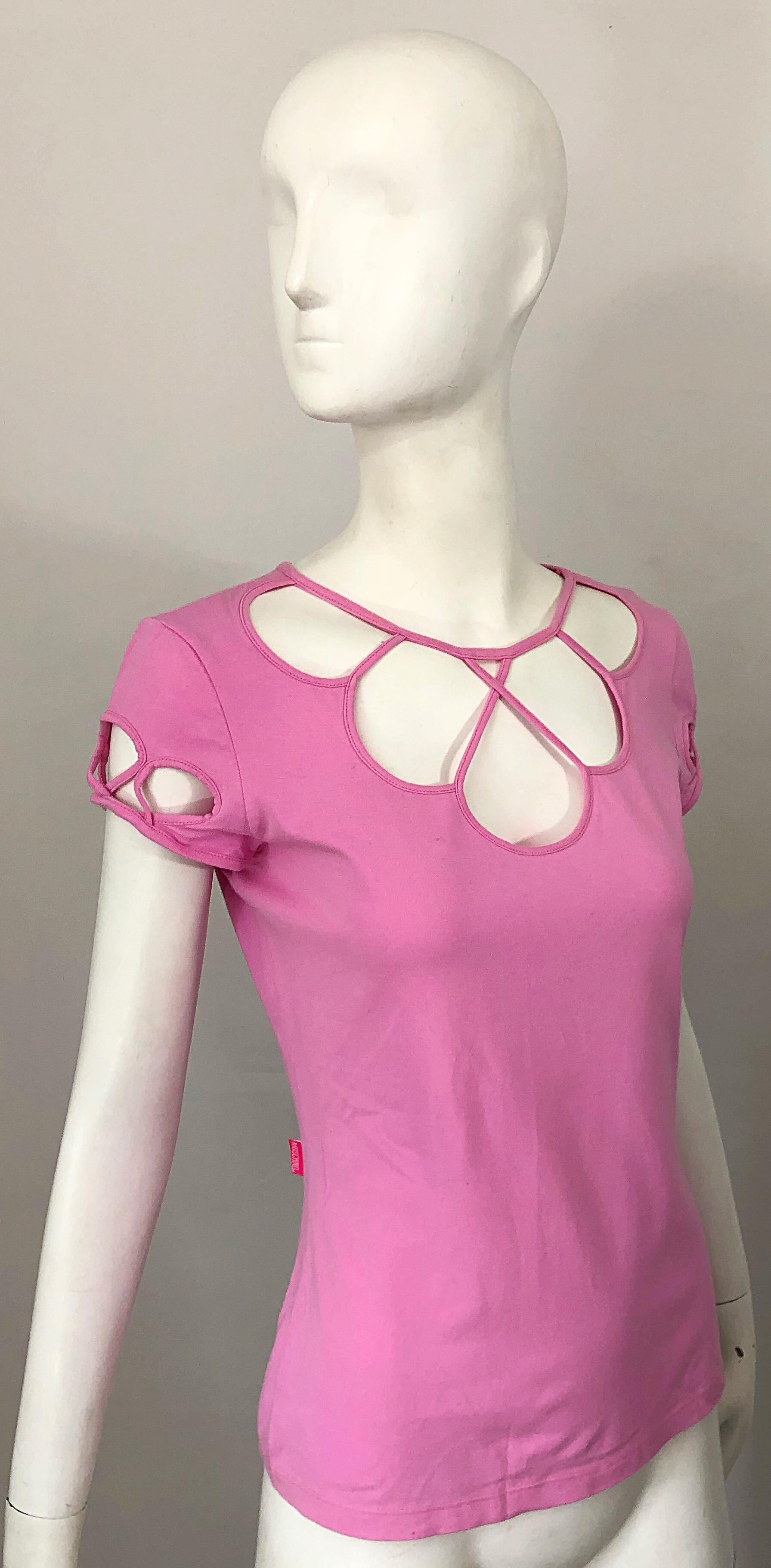 1990s Moschino Bubblegum Pink Size 12 Cut - Out Vintage 90s Shirt / Top / Blouse 8