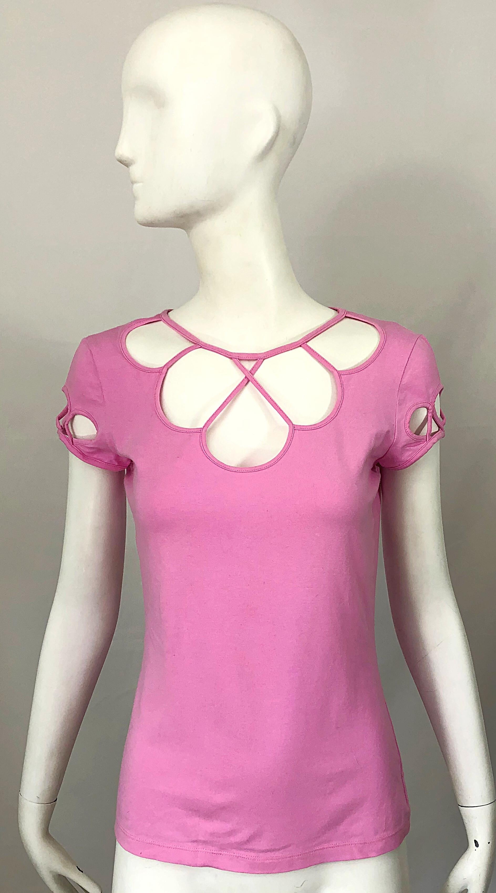 1990s Moschino Bubblegum Pink Size 12 Cut - Out Vintage 90s Shirt / Top / Blouse 10