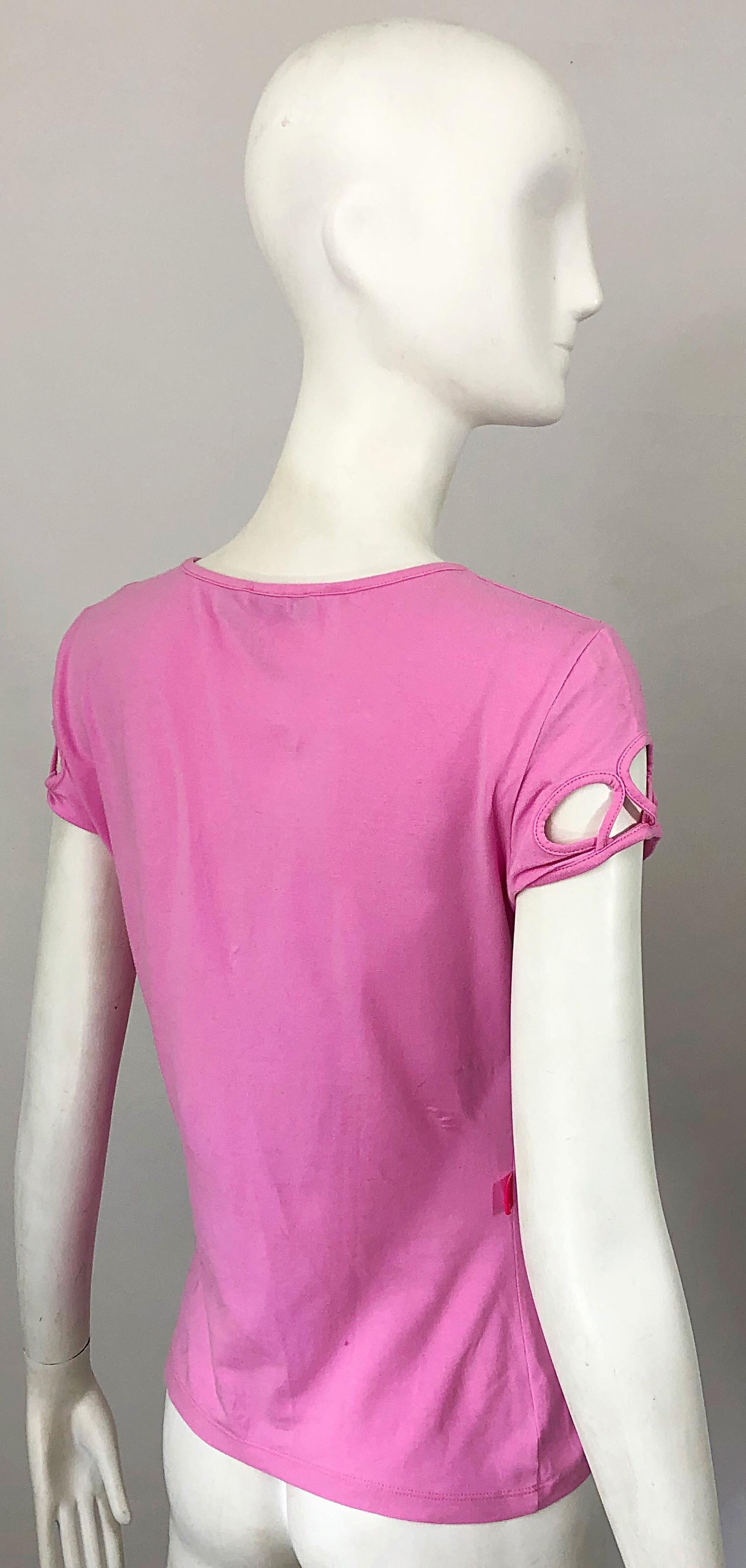 1990s Moschino Bubblegum Pink Size 12 Cut - Out Vintage 90s Shirt / Top / Blouse In Excellent Condition In San Diego, CA