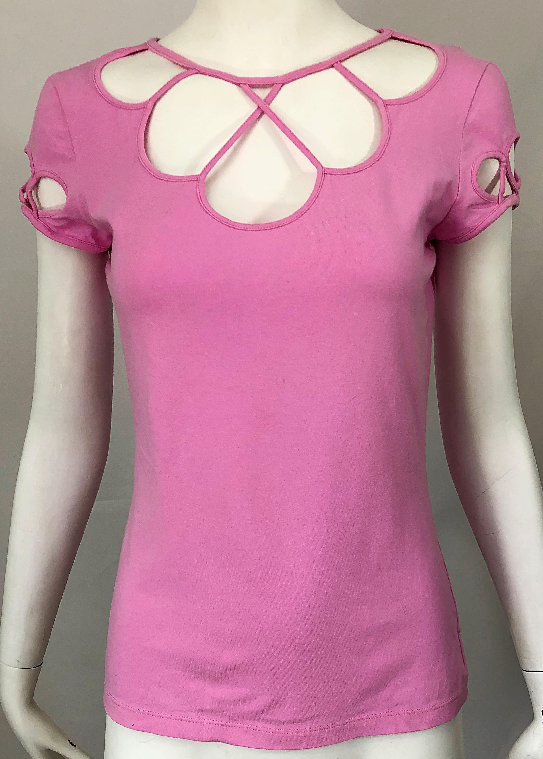 1990s Moschino Bubblegum Pink Size 12 Cut - Out Vintage 90s Shirt / Top / Blouse 5