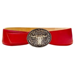 1990s Moschino Bulle head Buckle Red Leather High Waist Belt 