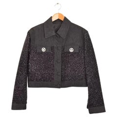 1990's Moschino 'Cassette Tinsel' Schwarze abgeschnittene Boucle-Jacke mit Diamonté-Details