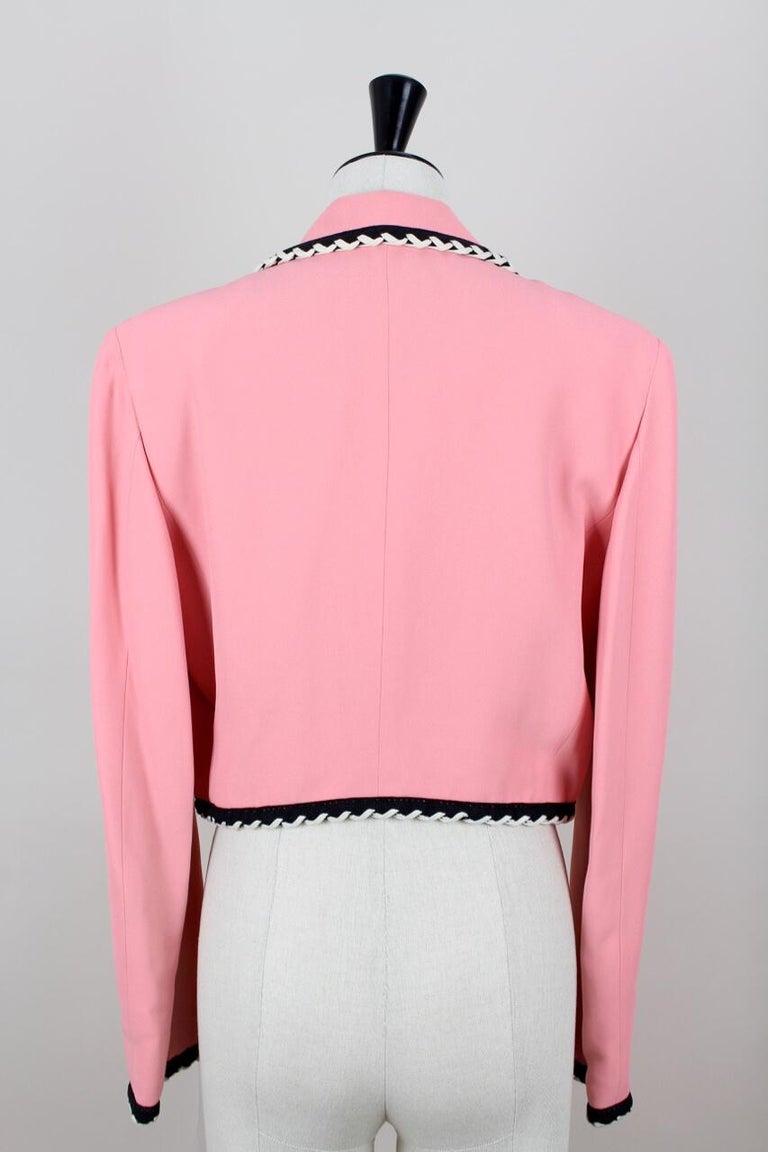 1990s MOSCHINO Cheap and Chic Flamingo Pink Trimmed Open Front Cropped Jacket In Excellent Condition In Munich, DE