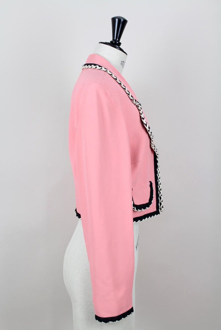 Women's 1990s MOSCHINO Cheap and Chic Flamingo Pink Trimmed Open Front Cropped Jacket