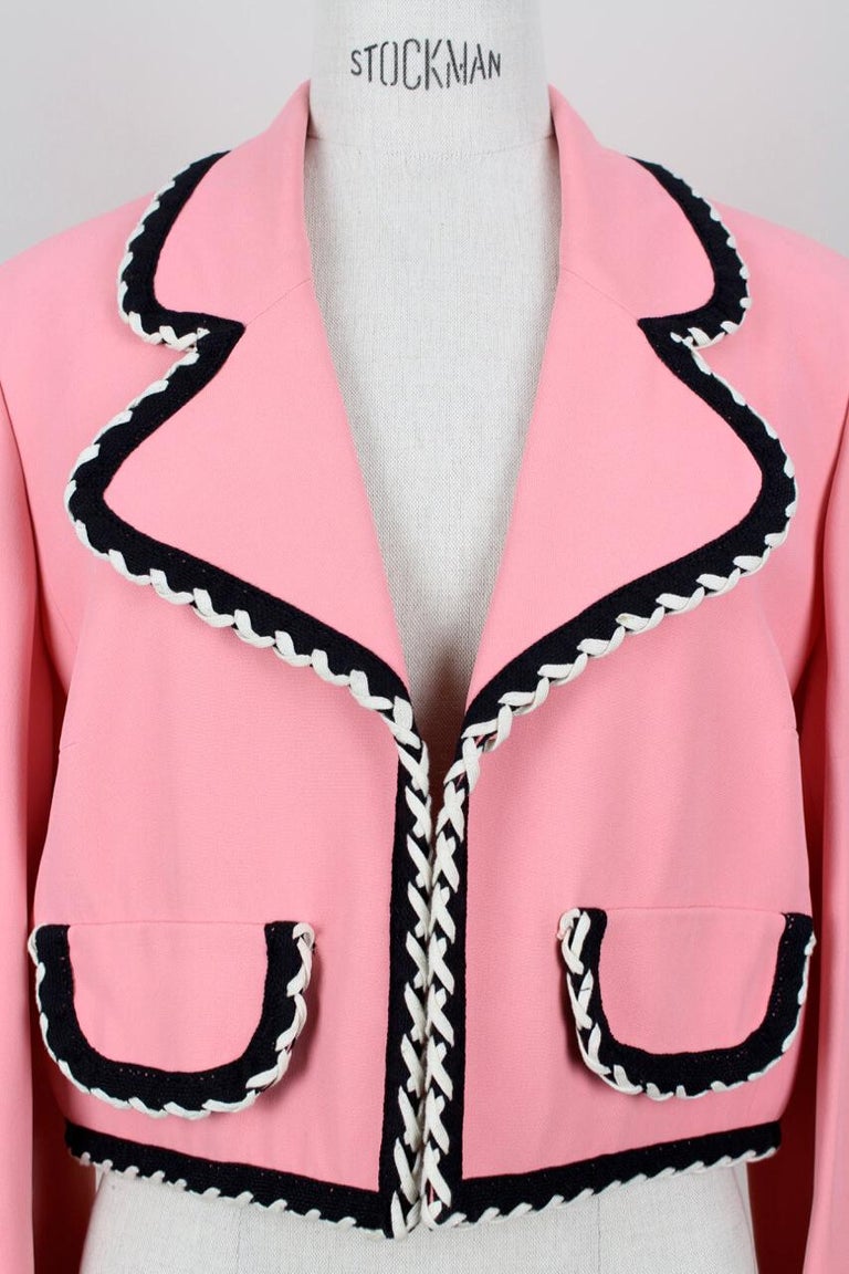 1990s MOSCHINO Cheap and Chic Flamingo Pink Trimmed Open Front Cropped Jacket 1
