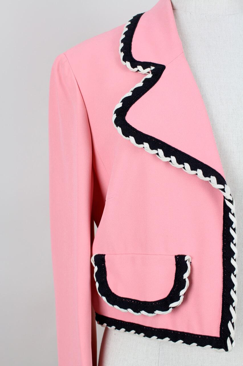 1990s MOSCHINO Cheap and Chic Flamingo Pink Trimmed Open Front Cropped Jacket In Excellent Condition In Munich, DE