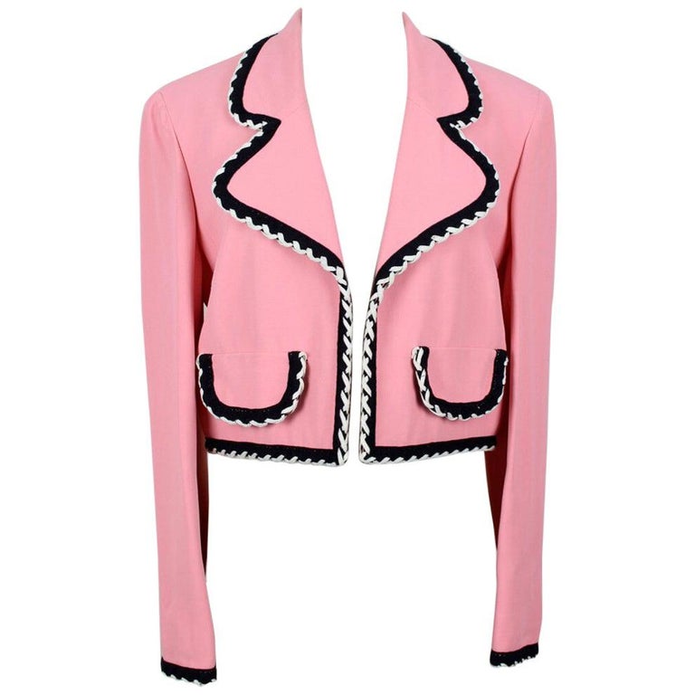 1990s MOSCHINO Cheap and Chic Flamingo Pink Trimmed Open Front Cropped Jacket