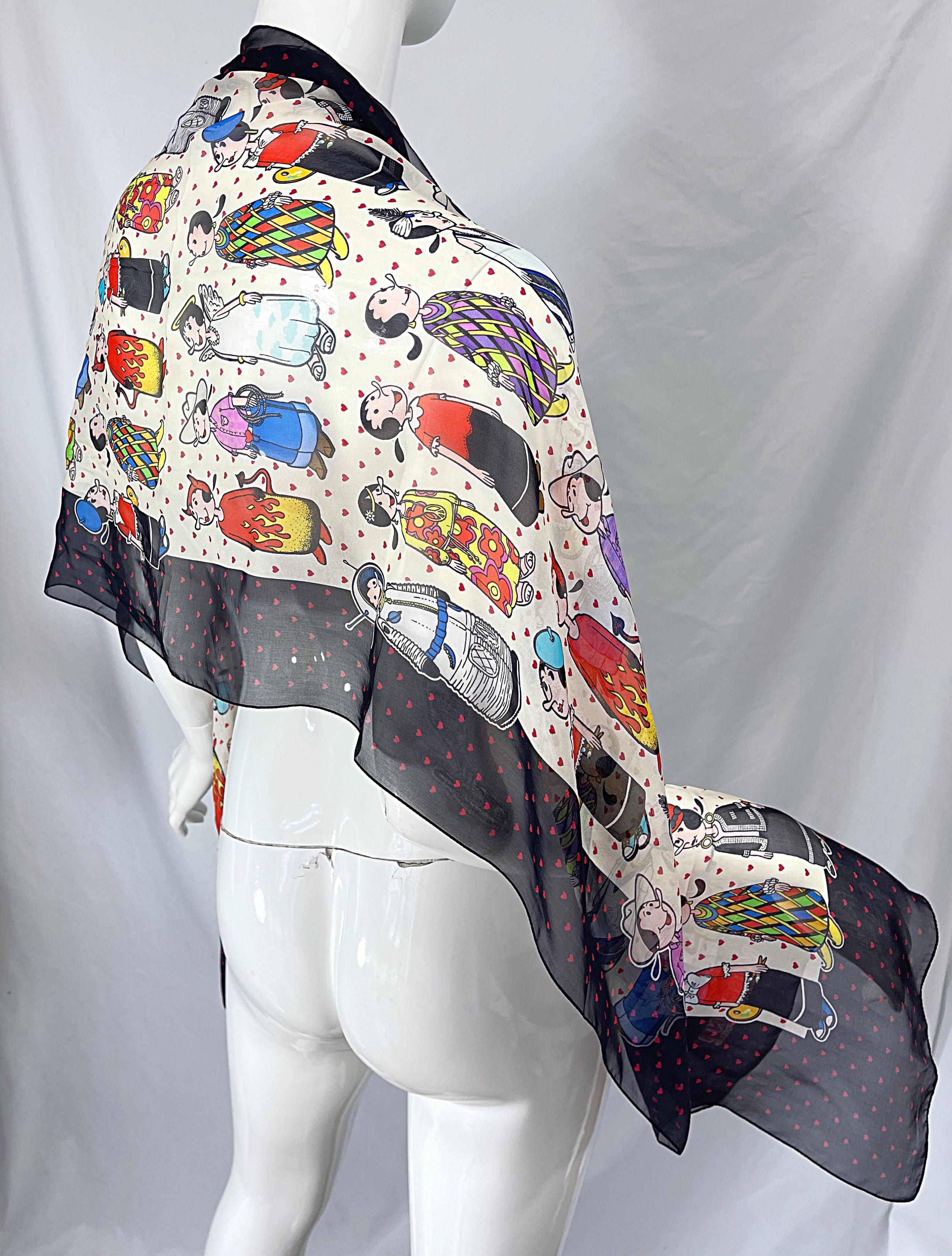 1990s Moschino Cheap and Chic Olive Oyl Popeye Novelty Print Silk Chiffon Scarf For Sale 3