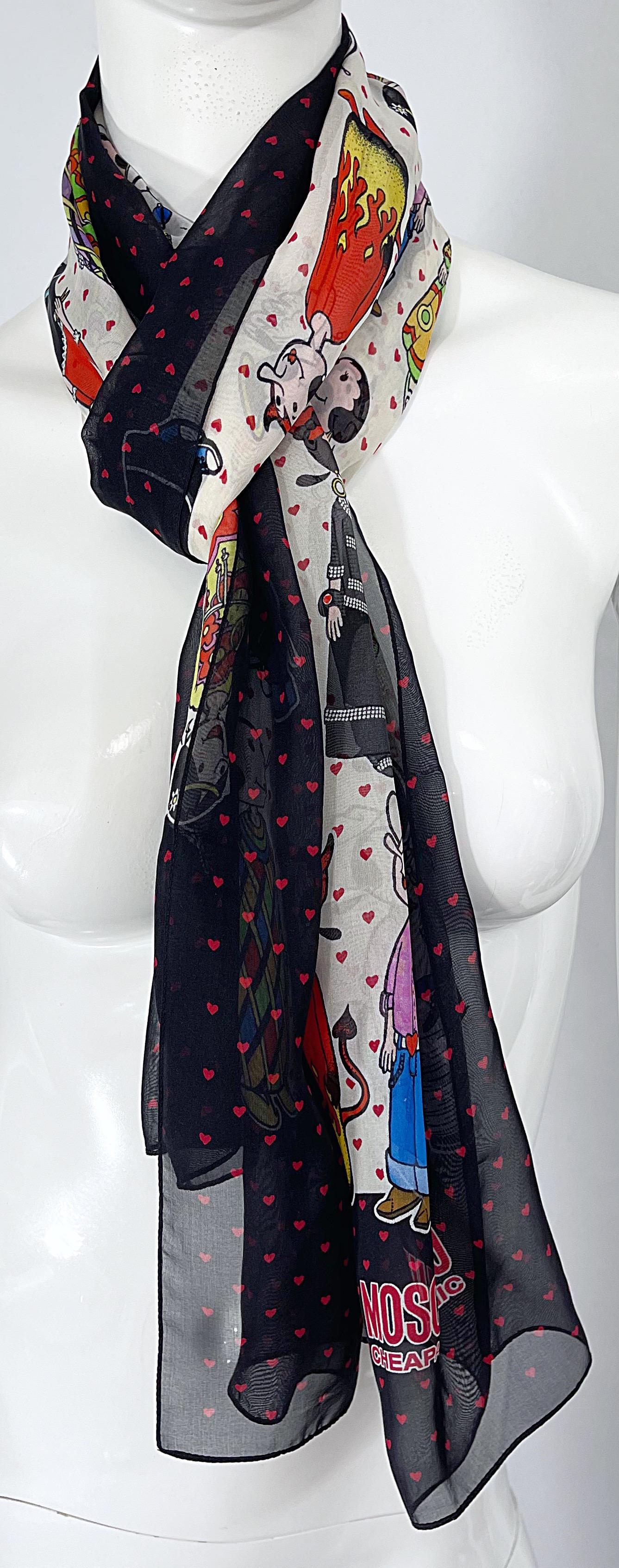 1990s Moschino Cheap and Chic Olive Oyl Popeye Novelty Print Silk Chiffon Scarf For Sale 5