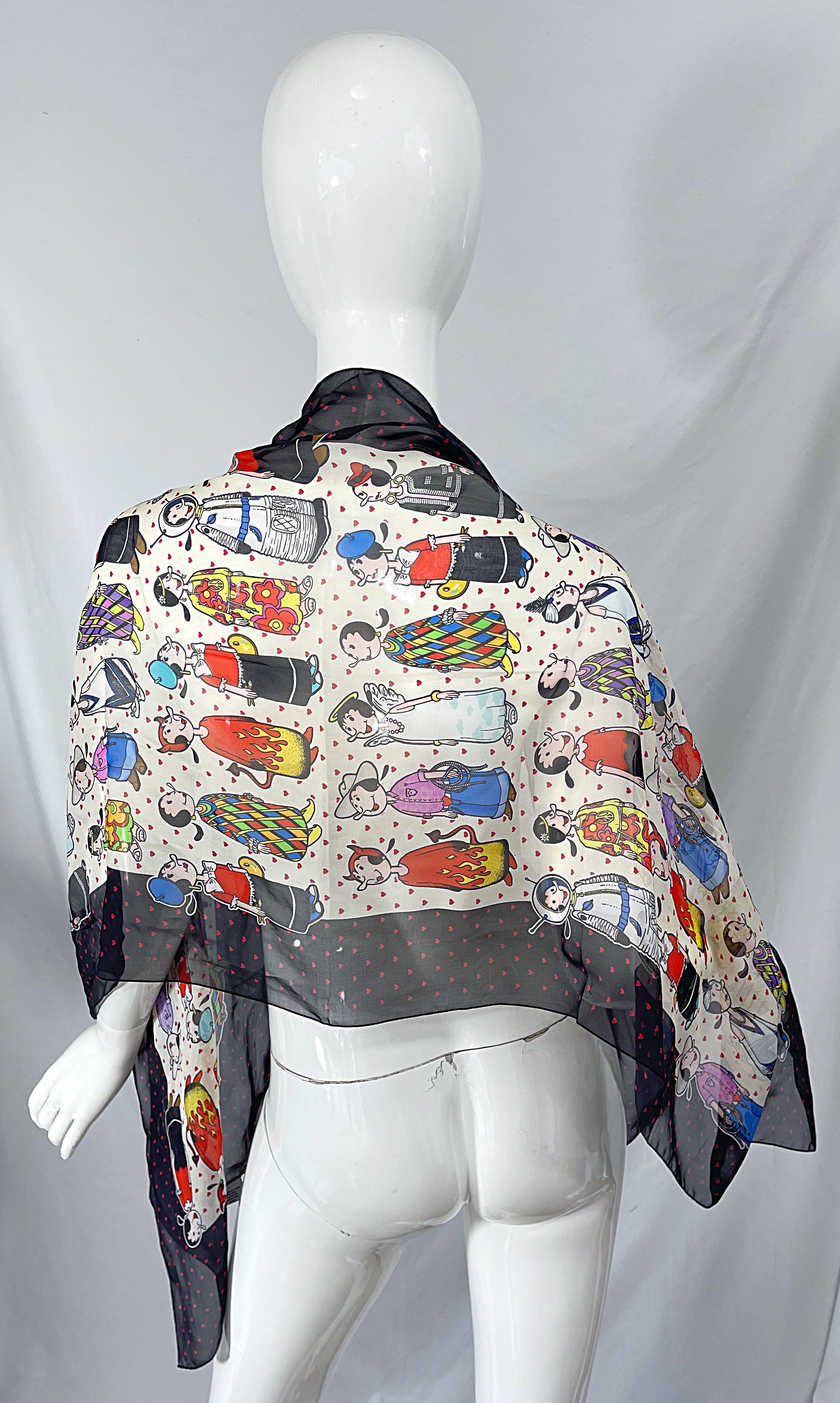 1990 Moschino Cheap and Chic Olive Oyl Popeye, sciarpa in chiffon di seta con stampa fantasia. in vendita 6