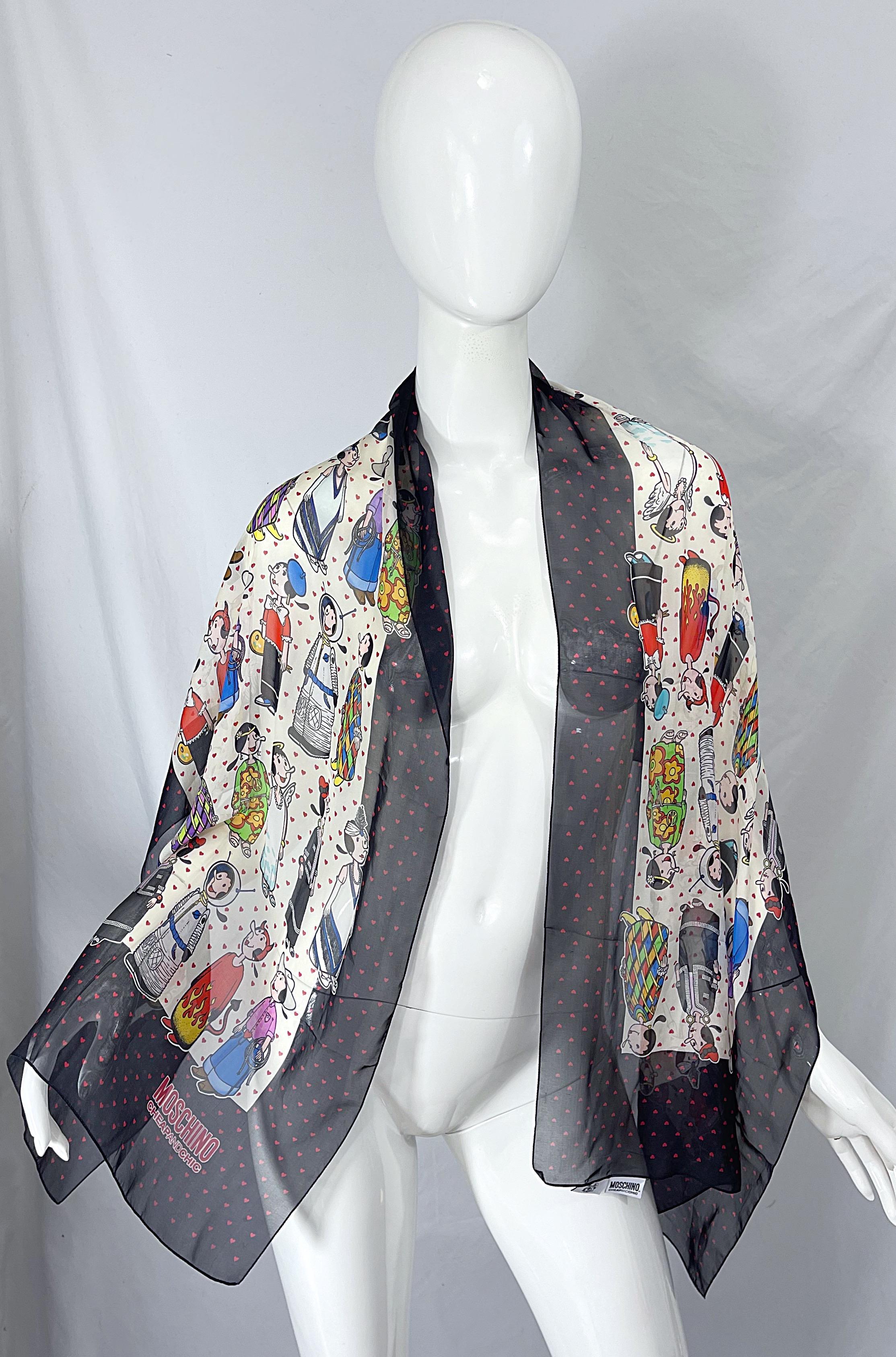 1990 Moschino Cheap and Chic Olive Oyl Popeye, sciarpa in chiffon di seta con stampa fantasia. in vendita 7