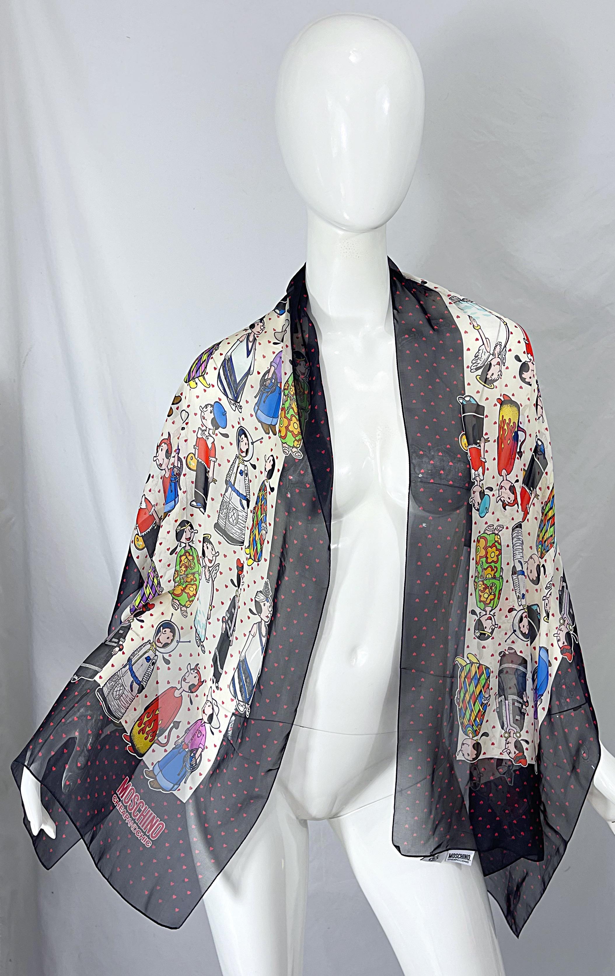 Amazing late 90s vintage MOSCHINO Cheap & Chic Popeye / Olive Oyl novelty print silk chiffon semi sheer long scarf / shawl ! Features Olive Oyl in different costumes. Vibrant colors of red, orange, yellow, green, blue, purple, pink, black and white.