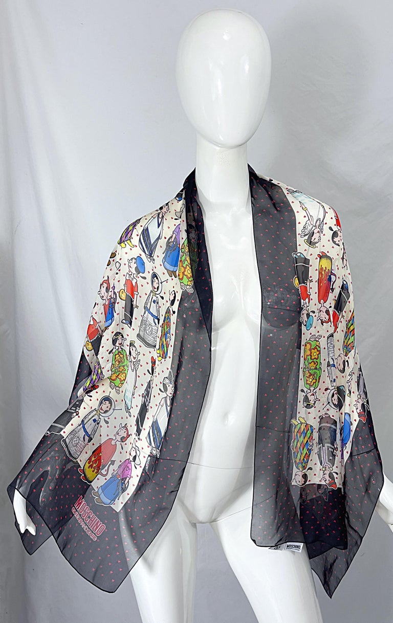 1990s Moschino Cheap and Chic Olive Oyl Popeye Novelty Print Silk Chiffon  Scarf For Sale at 1stDibs