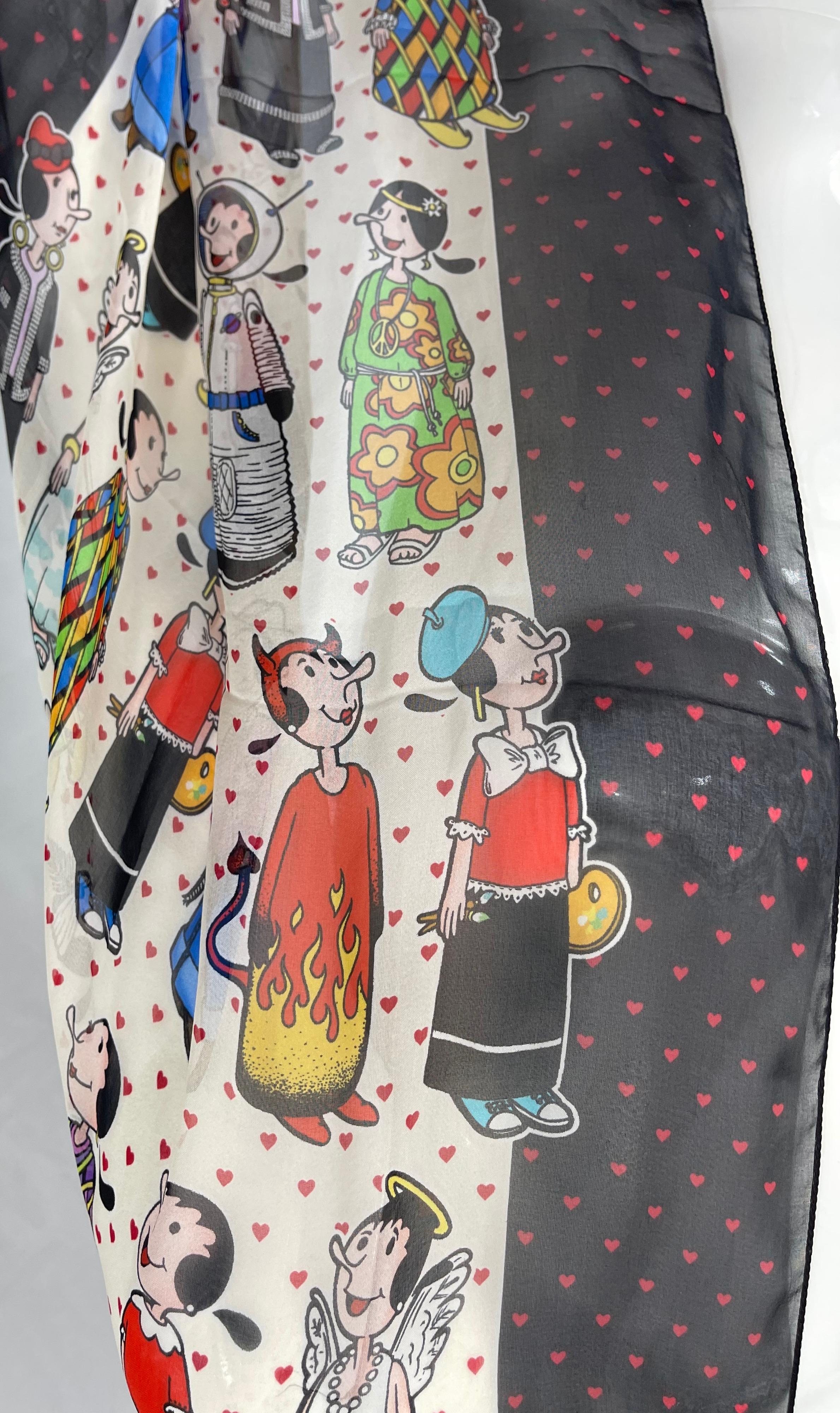 1990s Moschino Cheap and Chic Olive Oyl Popeye Novelty Print Silk Chiffon Scarf In Excellent Condition For Sale In San Diego, CA