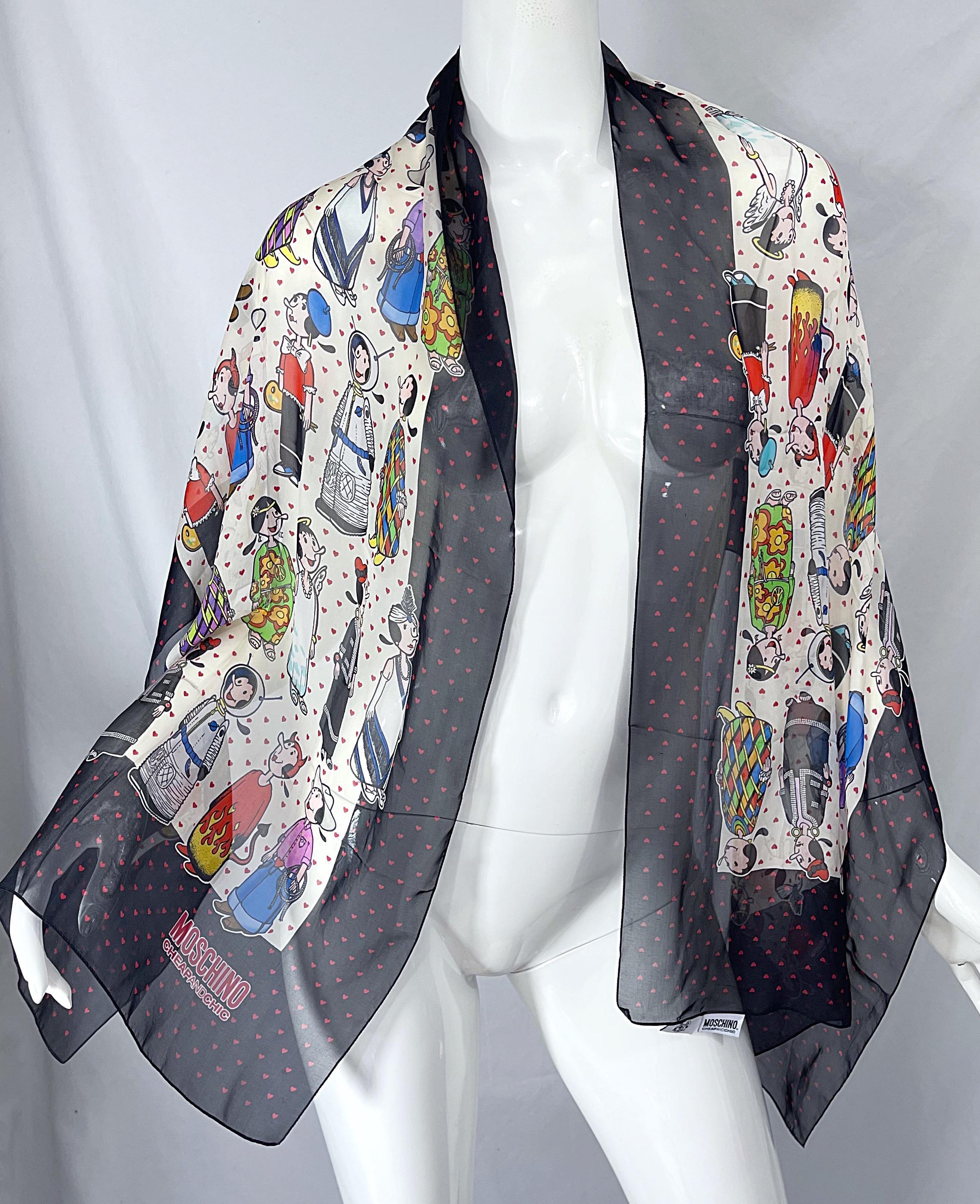 Women's 1990s Moschino Cheap and Chic Olive Oyl Popeye Novelty Print Silk Chiffon Scarf For Sale