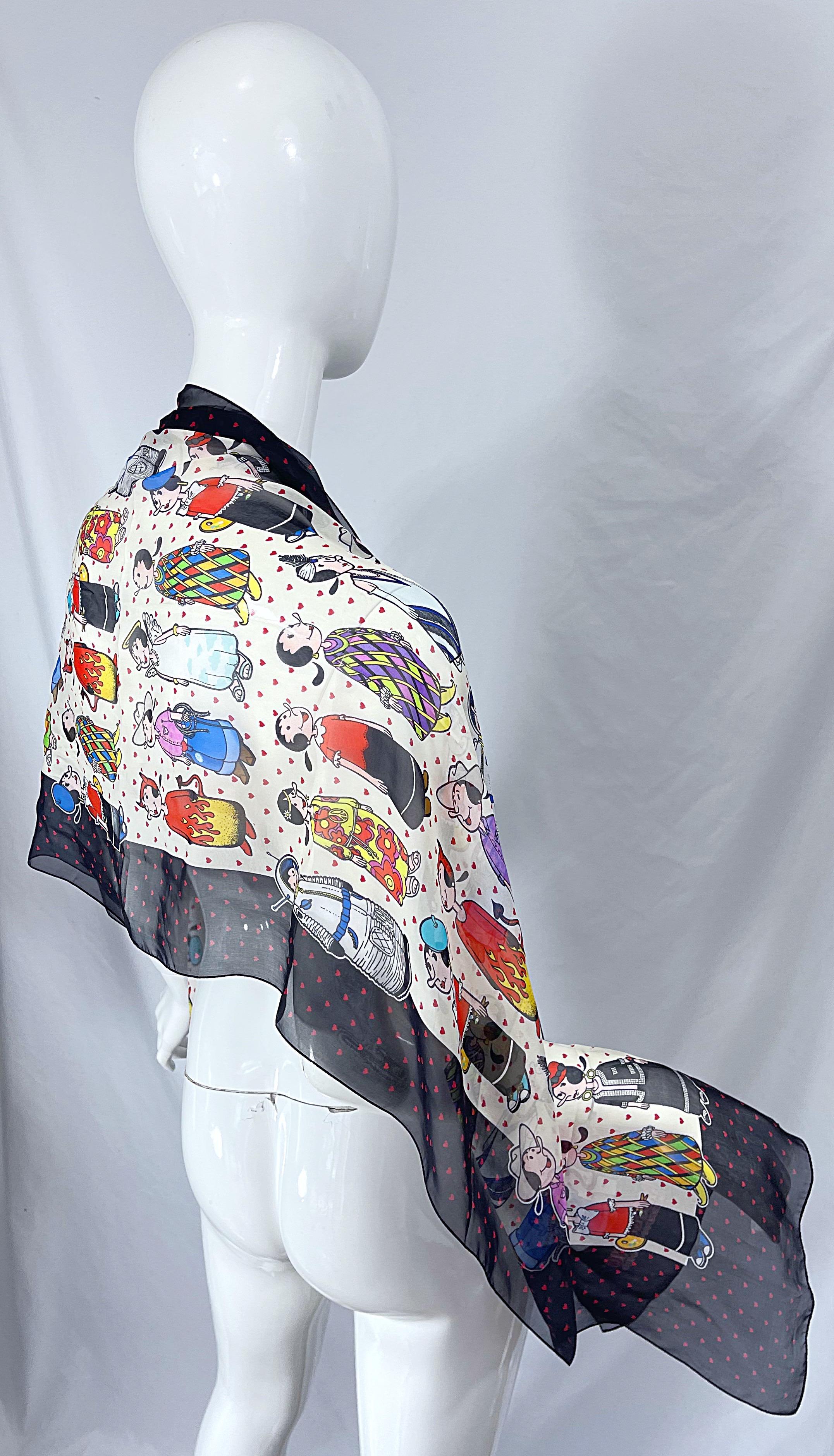 1990s Moschino Cheap and Chic Olive Oyl Popeye Novelty Print Silk Chiffon Scarf For Sale 1