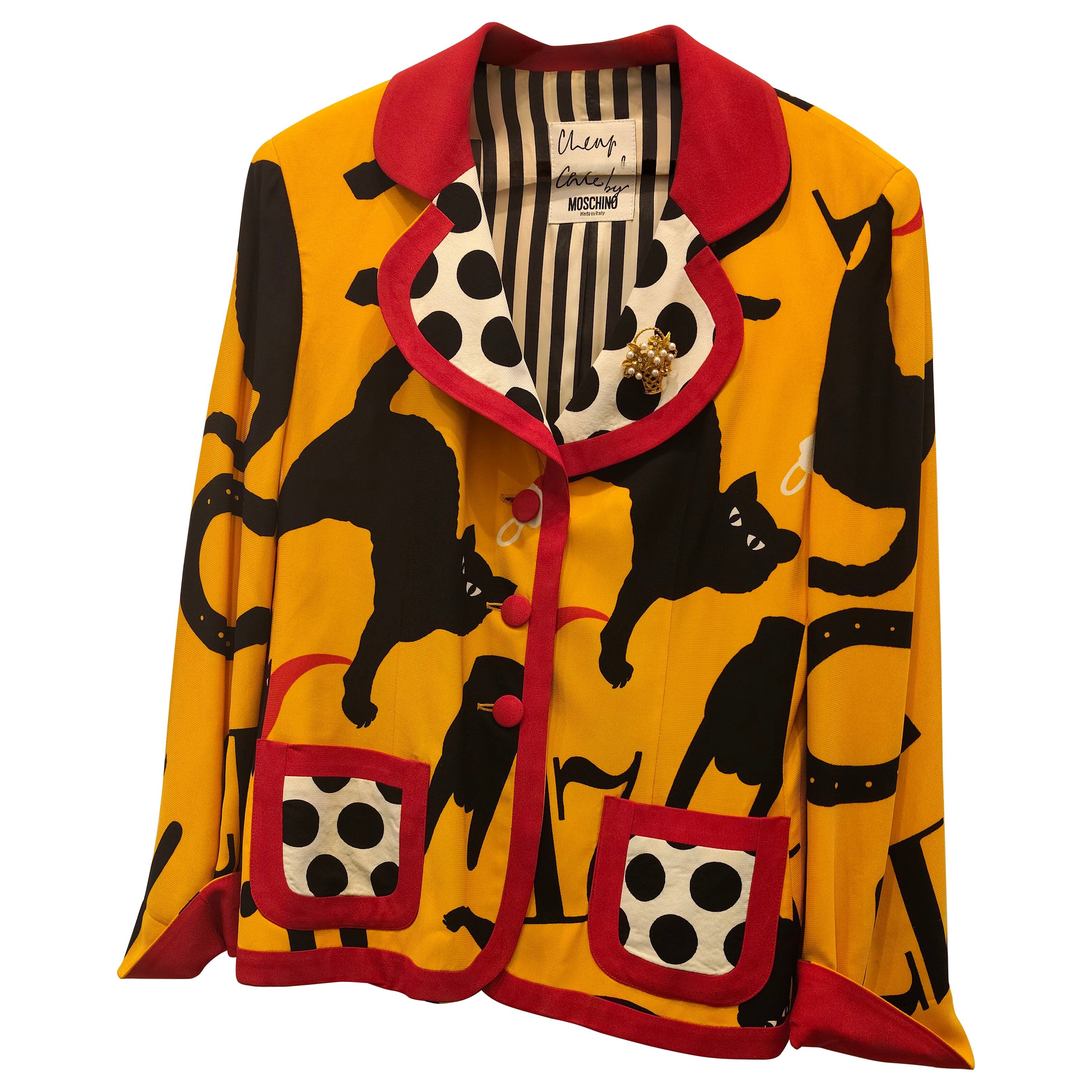 1990s Moschino Cheap and Chic yellow black red and white lucky rayon jacket 44