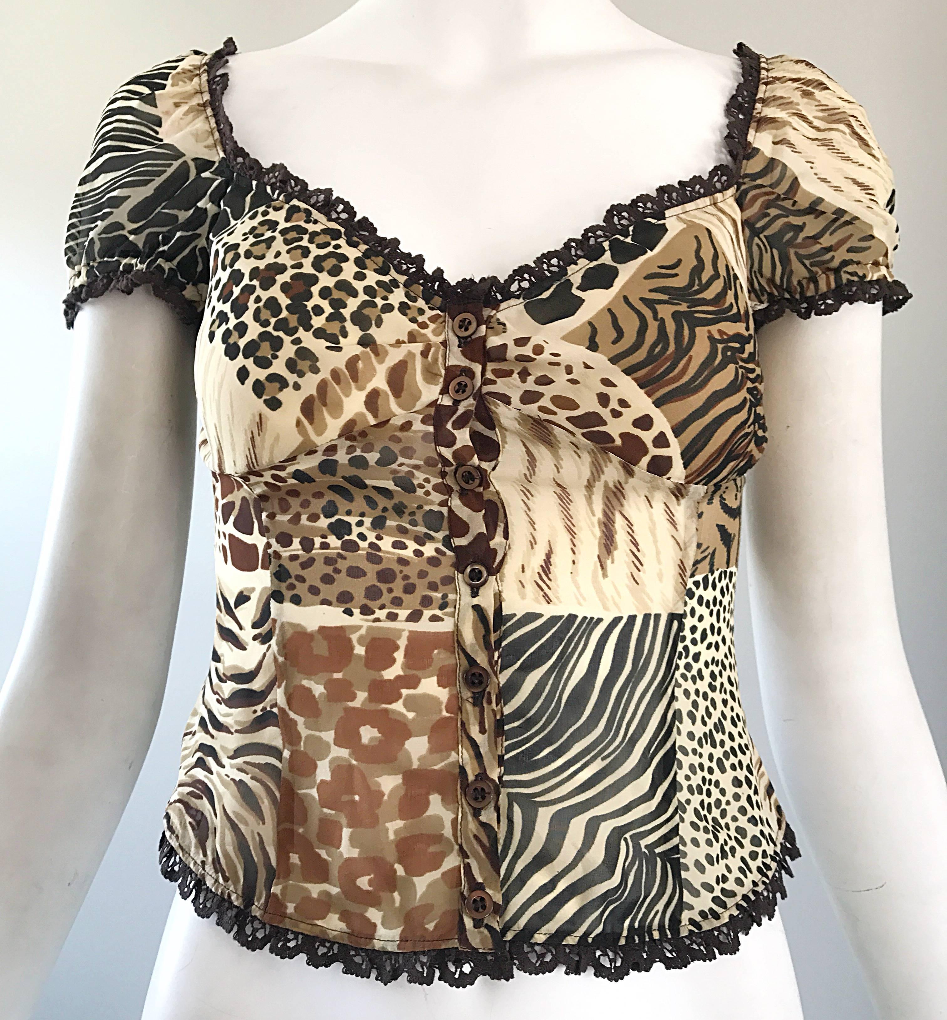 Women's 1990s Moschino Cheap & Chic Animal Print Vintage 90s Silk Short Sleeve Top  For Sale