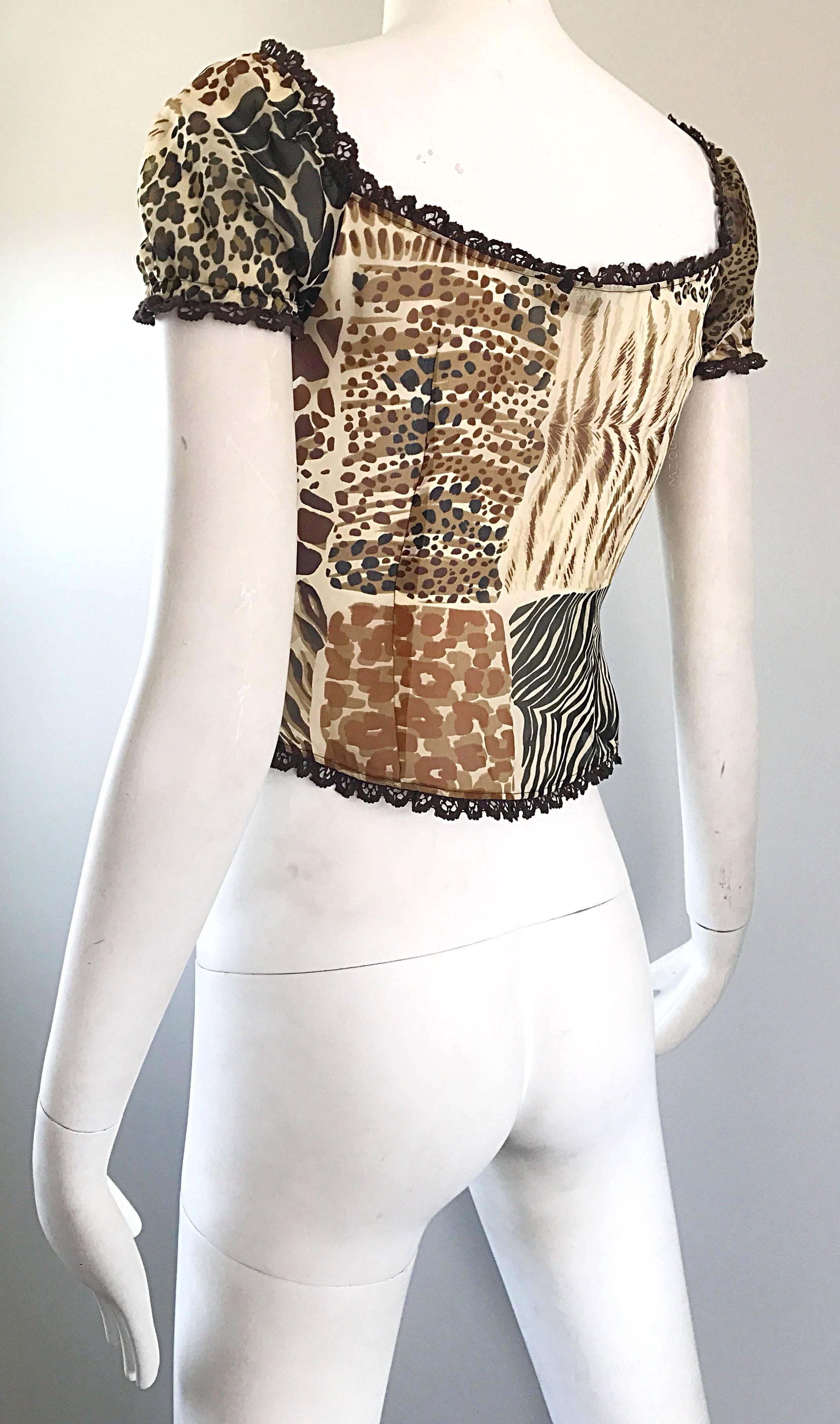1990s Moschino Cheap & Chic Animal Print Vintage 90s Silk Short Sleeve Top  For Sale 1