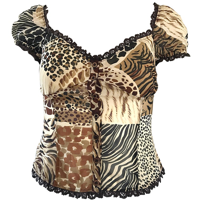 1990s Moschino Cheap and Chic Animal Print Vintage 90s Silk Short Sleeve  Crop Top For Sale at 1stDibs