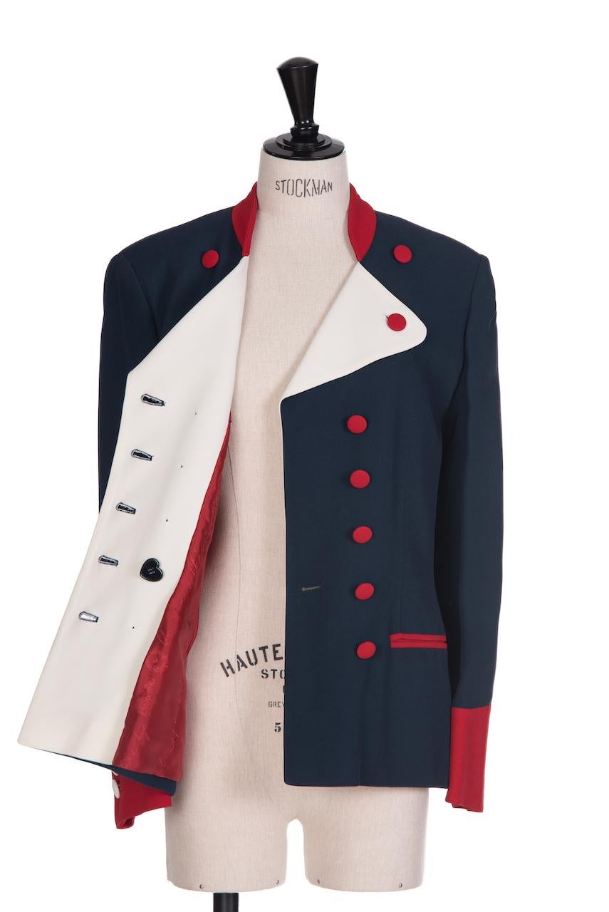1990s Moschino Cheap & Chic Blue Red & White Military or Riding Style Blazer For Sale 1