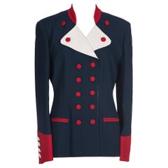 Moschino Cheap & Chic - Blazer bleu, rouge et blanc de style militaire ou d'équitation, années 1990