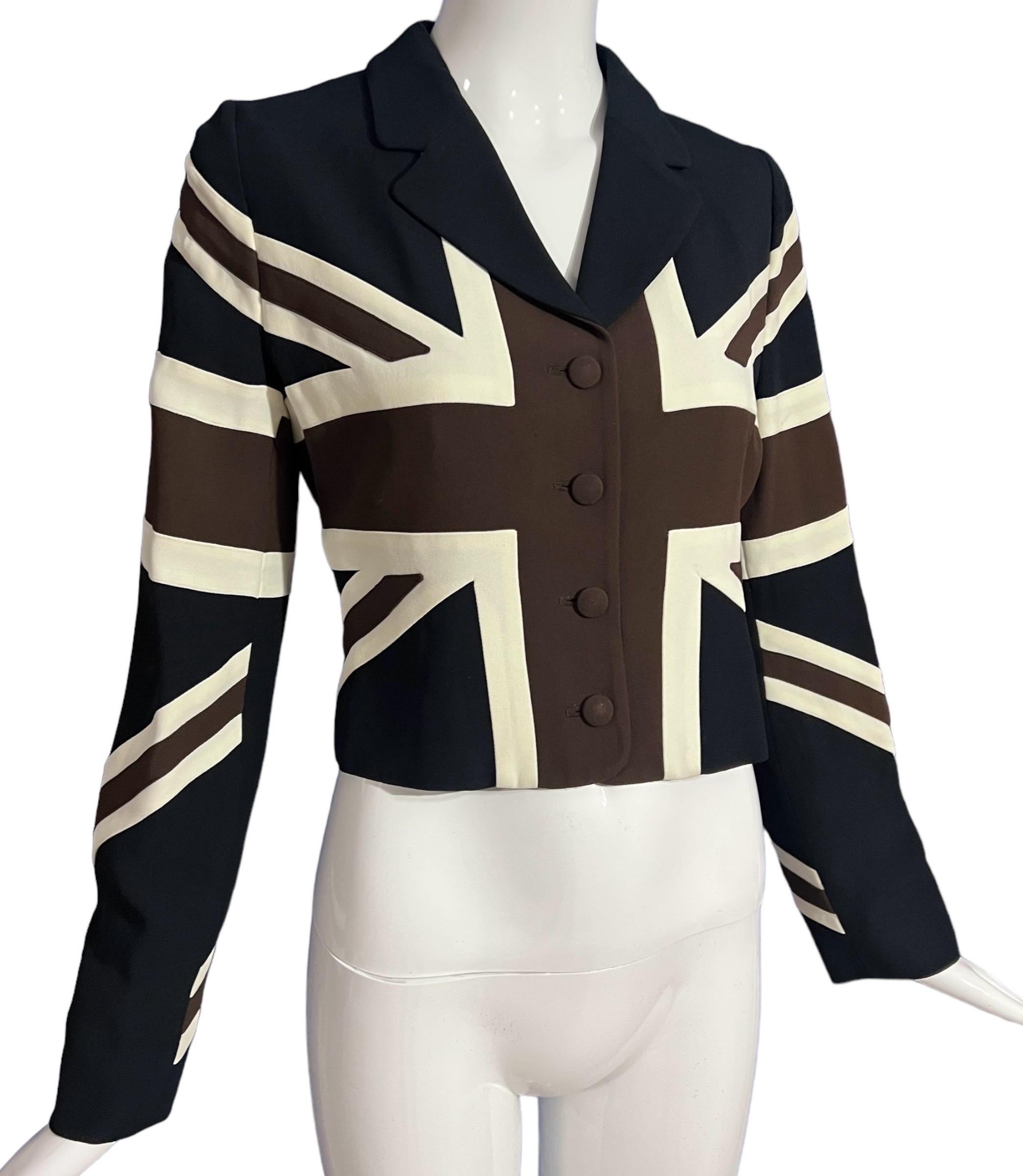 Create a statement wearing this vintage Moschino Cheap and Chic British flag cropped jacket.
This jacket was seen on Fran Dresher in The Nanny in a different color variation.
Button front.

Size: US size 8

Condition: In good condition. Light wear