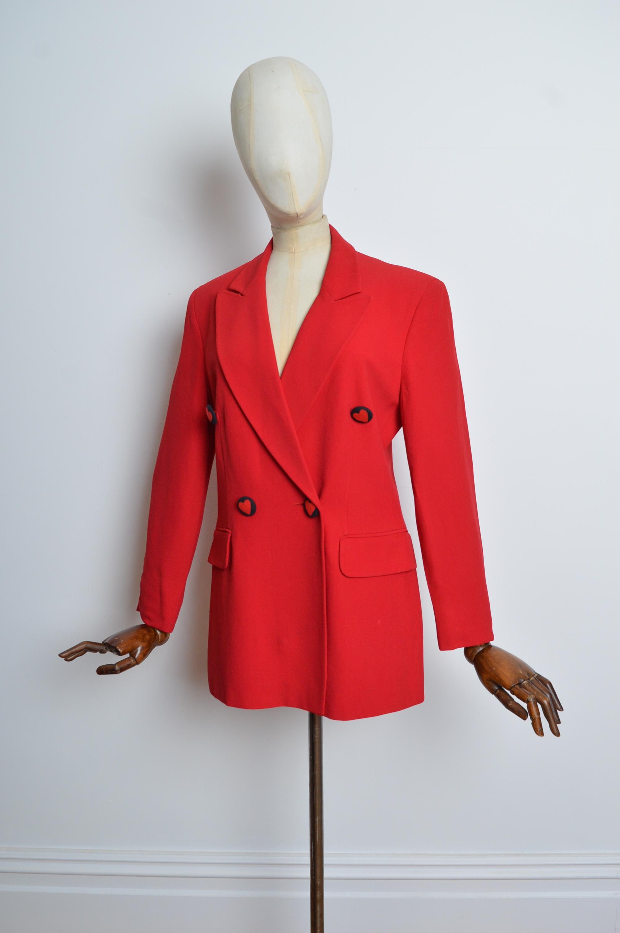 1990's MOSCHINO Cheap & Chic Plain Red Heart Double Breasted Blazer - Jacket In Good Condition For Sale In Sheffield, GB