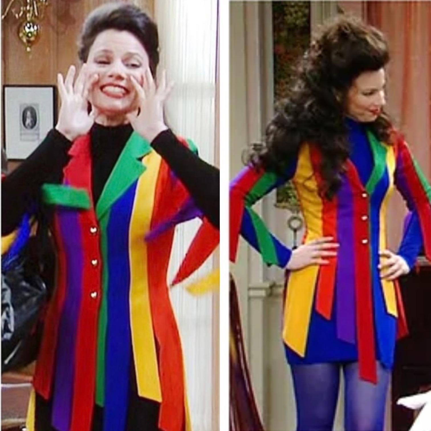 Iconic show-stopping 1990’s Moschino Cheap and Chic rainbow striped jacket. As seen on Fran Dresher on The Nanny. This jacket features vivid rainbow stripes that differ in length creating a flapper fringe design.
Made in Italy

Size: US size