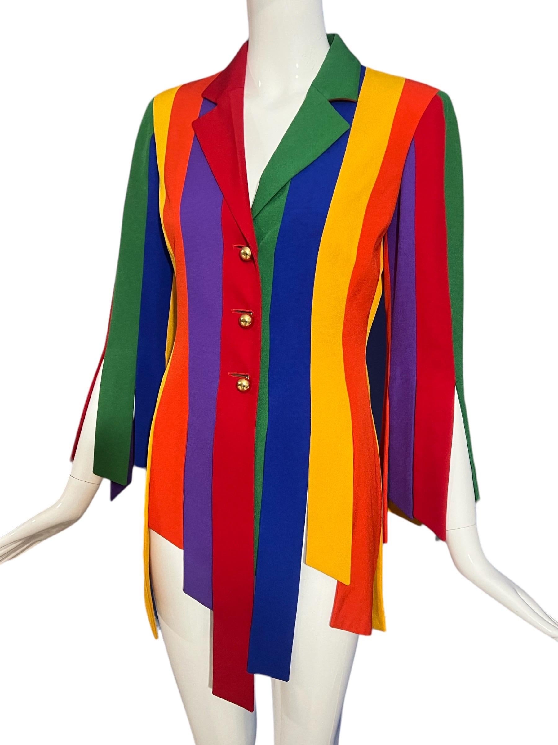 Red 1990's Moschino Cheap & Chic Rainbow Car Wash Fringe Jacket The Nanny