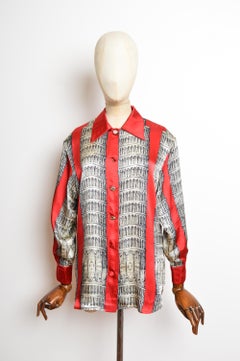 1990’s Moschino Cheap & Chic Red Leaning Tower of Pisa Italy Print Satin Shirt