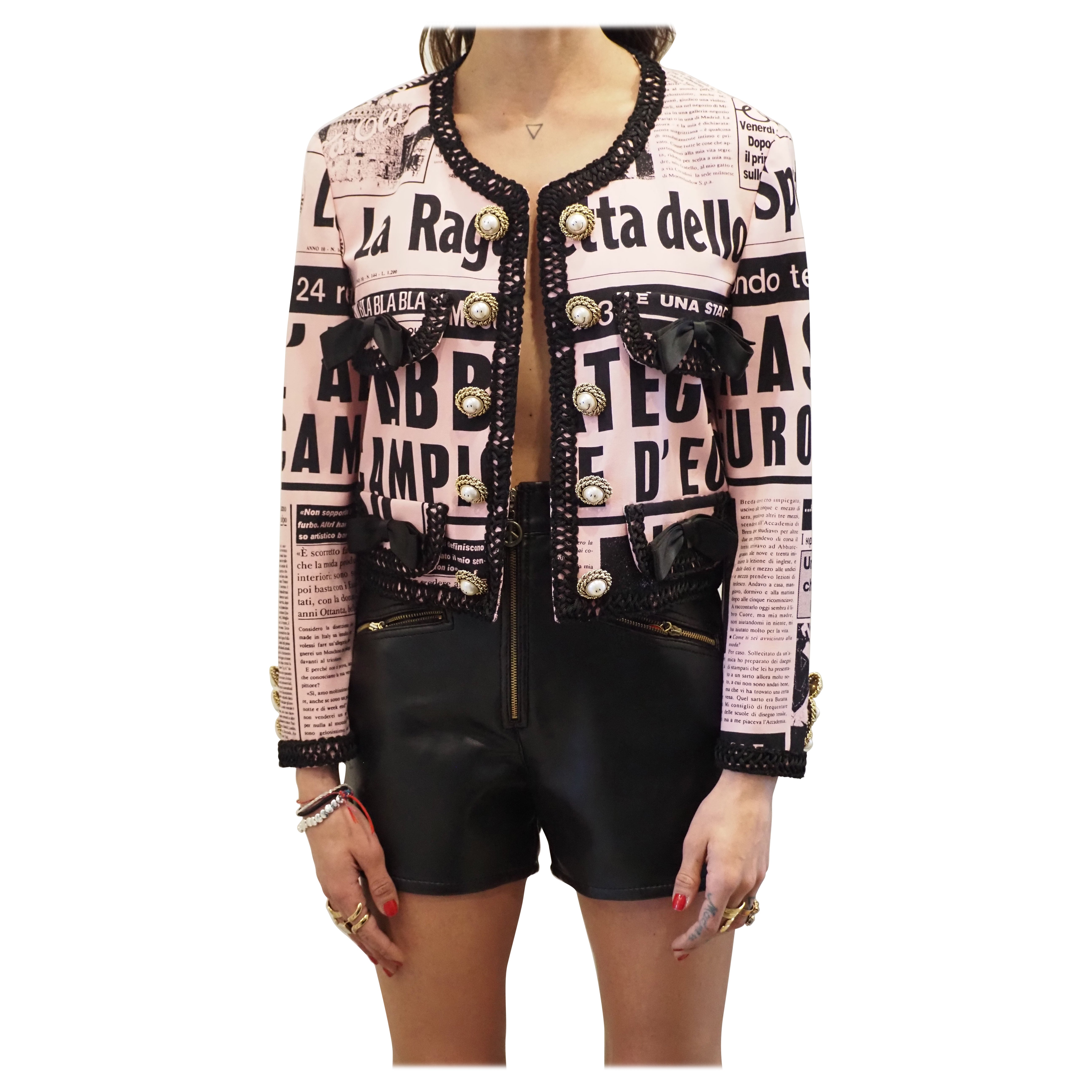 1990s Moschino couture Newspaper pink Gazzetta blazer jacket size 42