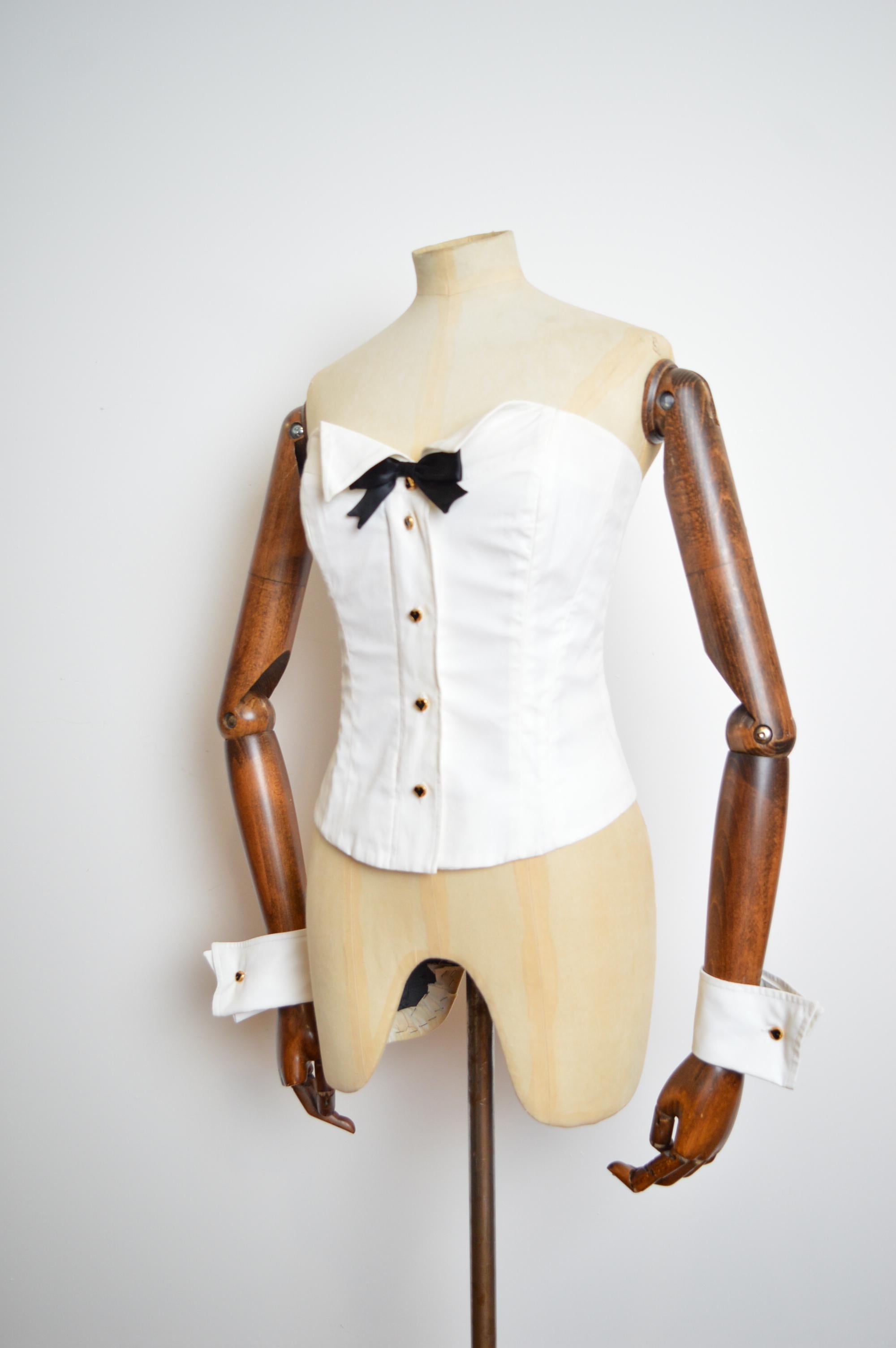 1990's Moschino Couture Play boy Bunny Novelty Tuxedo Corset Bustier & Cuffs Set 5