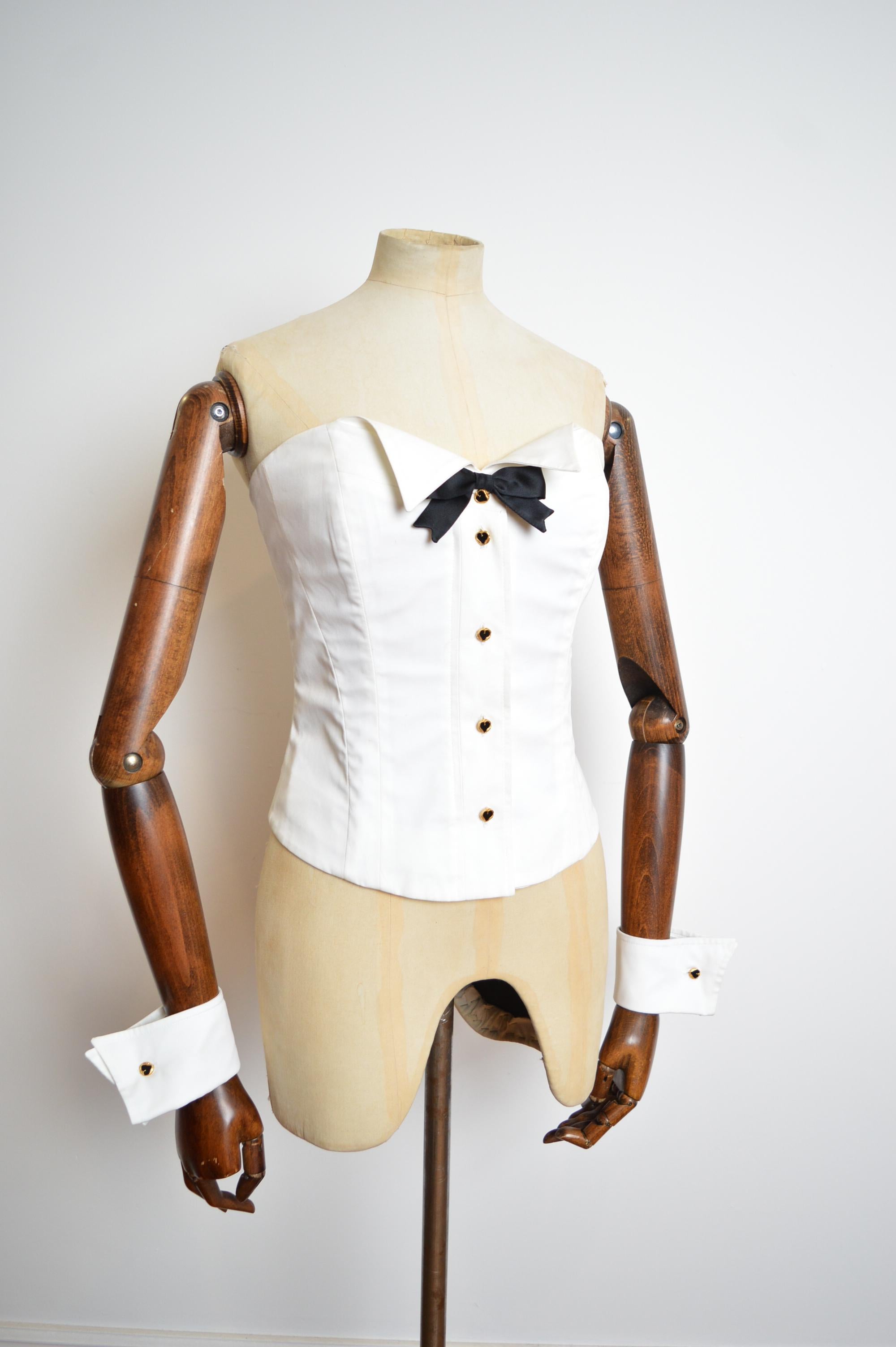 1990's Moschino Couture Play boy Bunny Novelty Tuxedo Corset Bustier & Cuffs Set 1